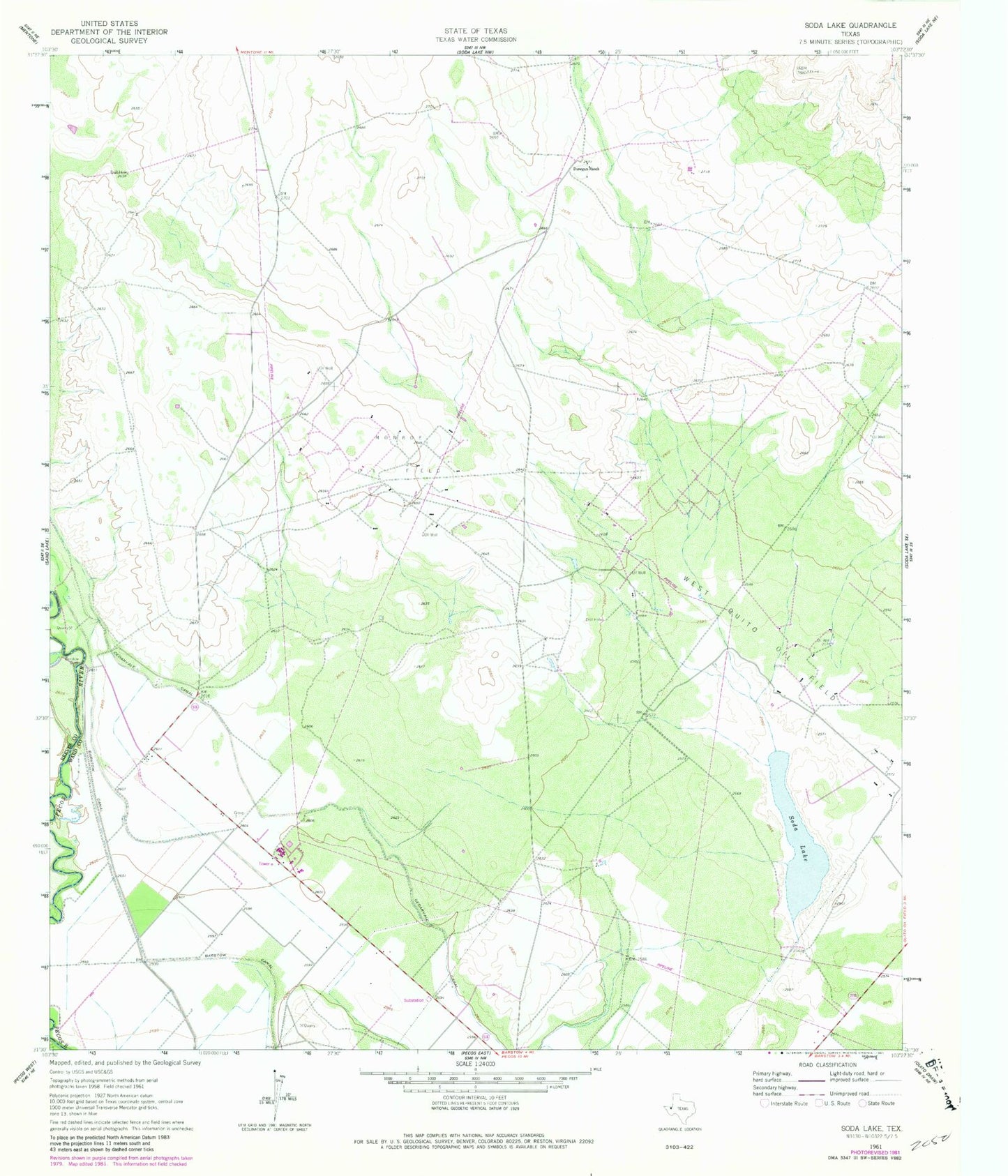 Classic USGS Soda Lake Texas 7.5'x7.5' Topo Map Image