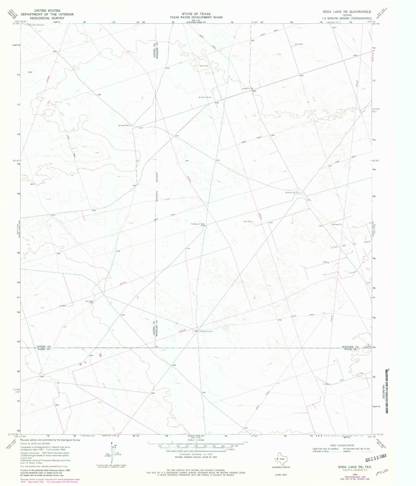 Classic USGS Soda Lake NE Texas 7.5'x7.5' Topo Map Image