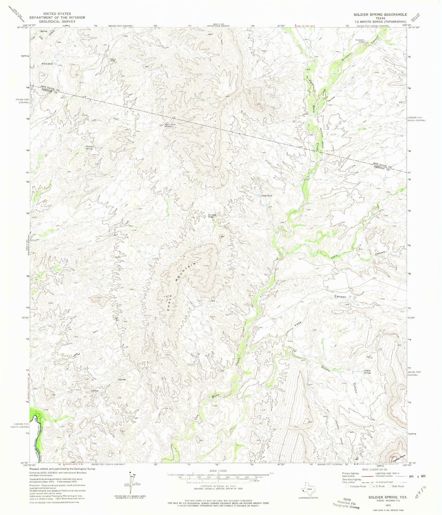 Classic USGS Soldier Spring Texas 7.5'x7.5' Topo Map Image
