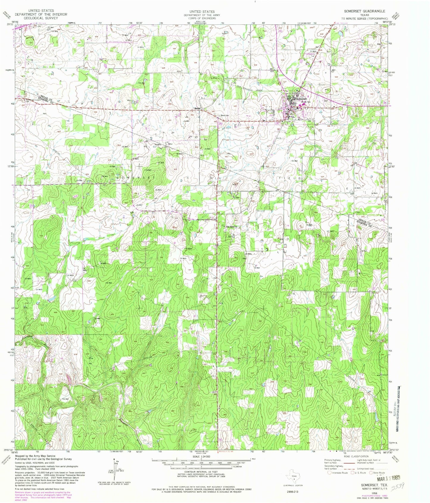 Classic USGS Somerset Texas 7.5'x7.5' Topo Map Image