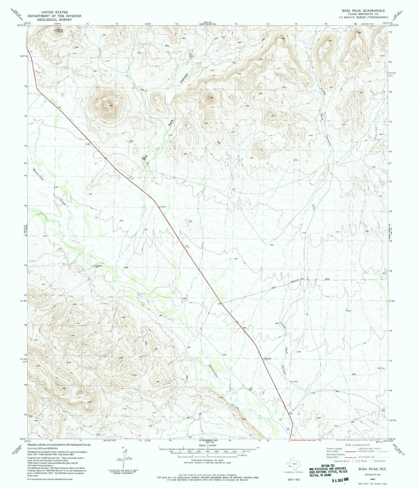 Classic USGS Sosa Peak Texas 7.5'x7.5' Topo Map Image
