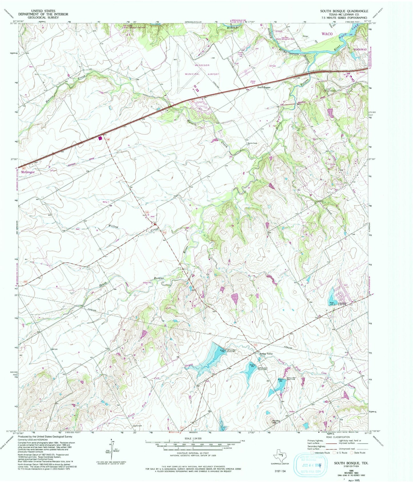 Classic USGS South Bosque Texas 7.5'x7.5' Topo Map Image
