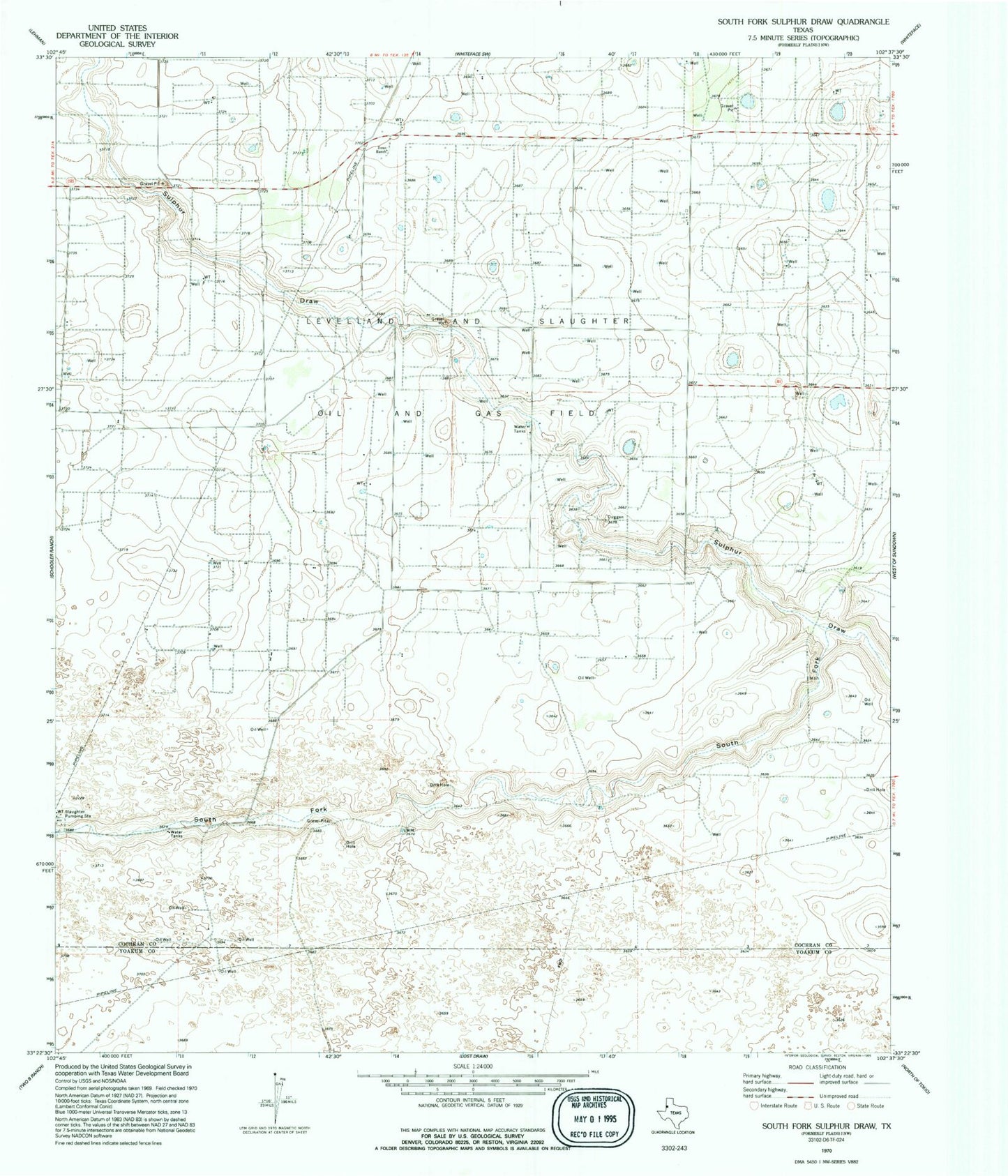 Classic USGS South Fork Sulphur Draw Texas 7.5'x7.5' Topo Map Image