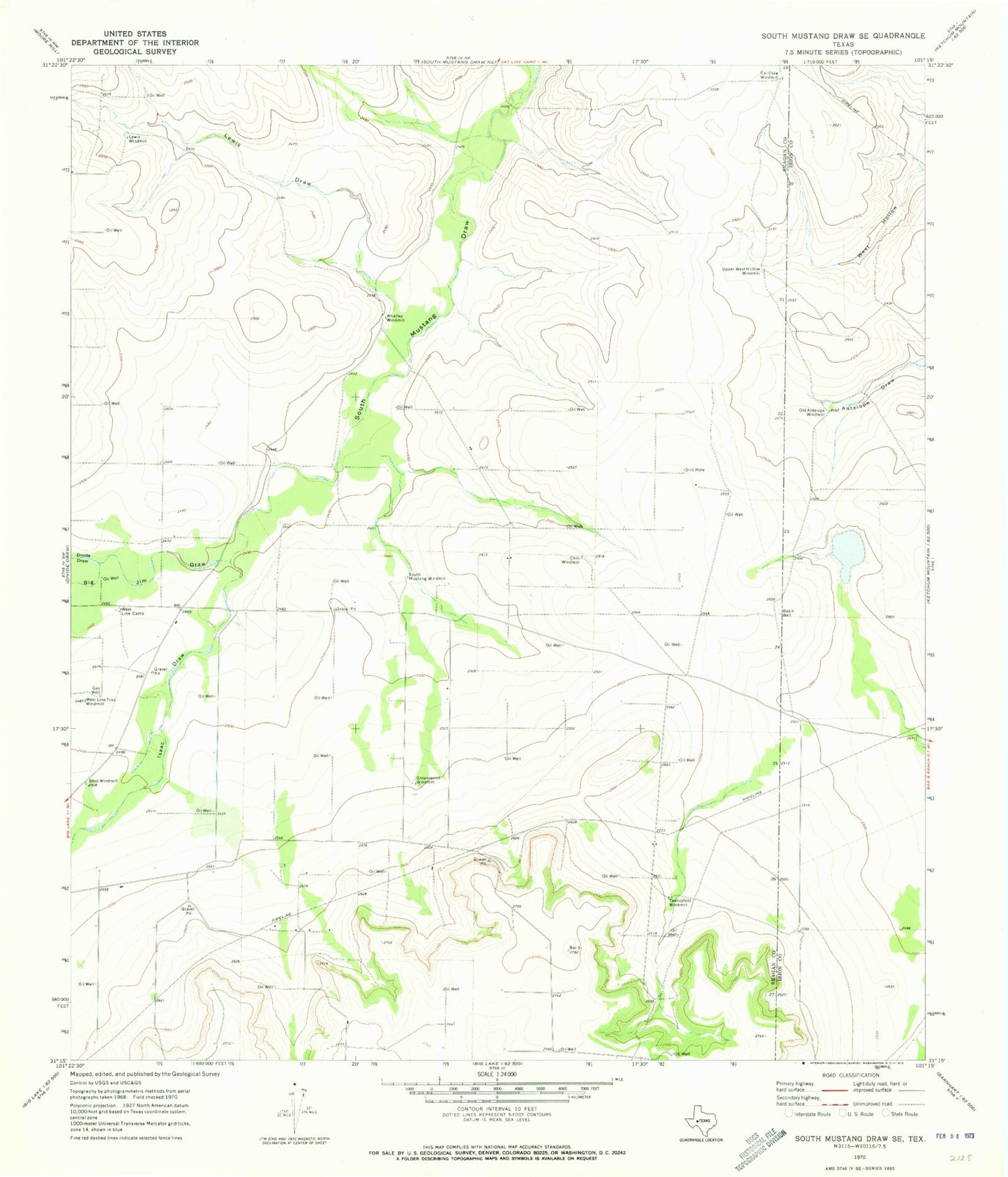 Classic USGS South Mustang Draw SE Texas 7.5'x7.5' Topo Map Image