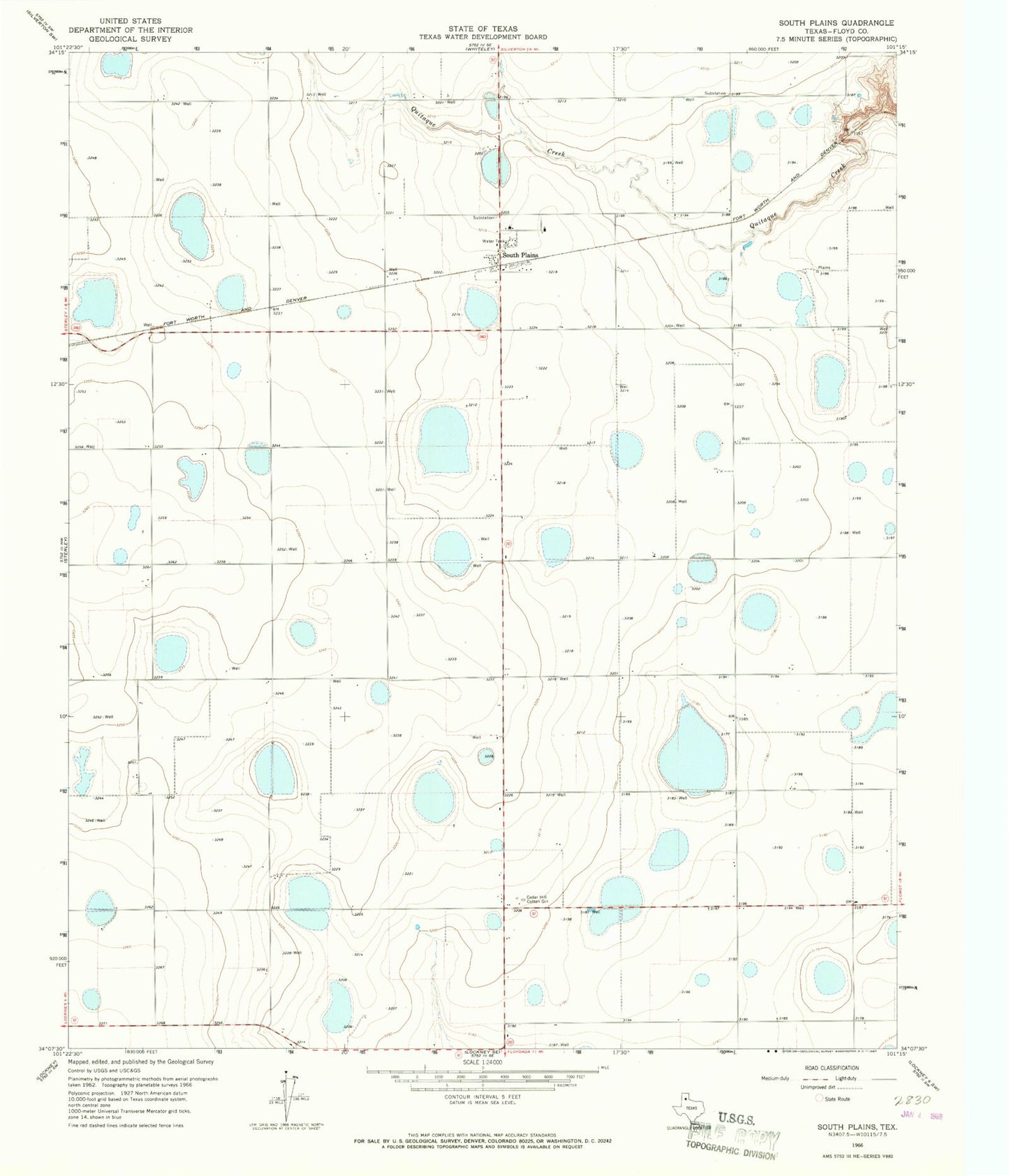 Classic USGS South Plains Texas 7.5'x7.5' Topo Map Image