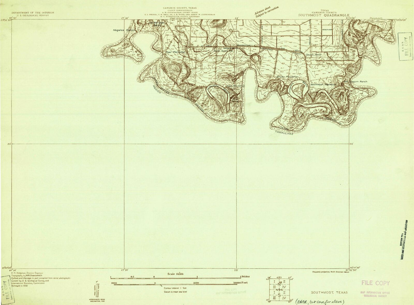 Classic USGS Southmost Texas 7.5'x7.5' Topo Map Image
