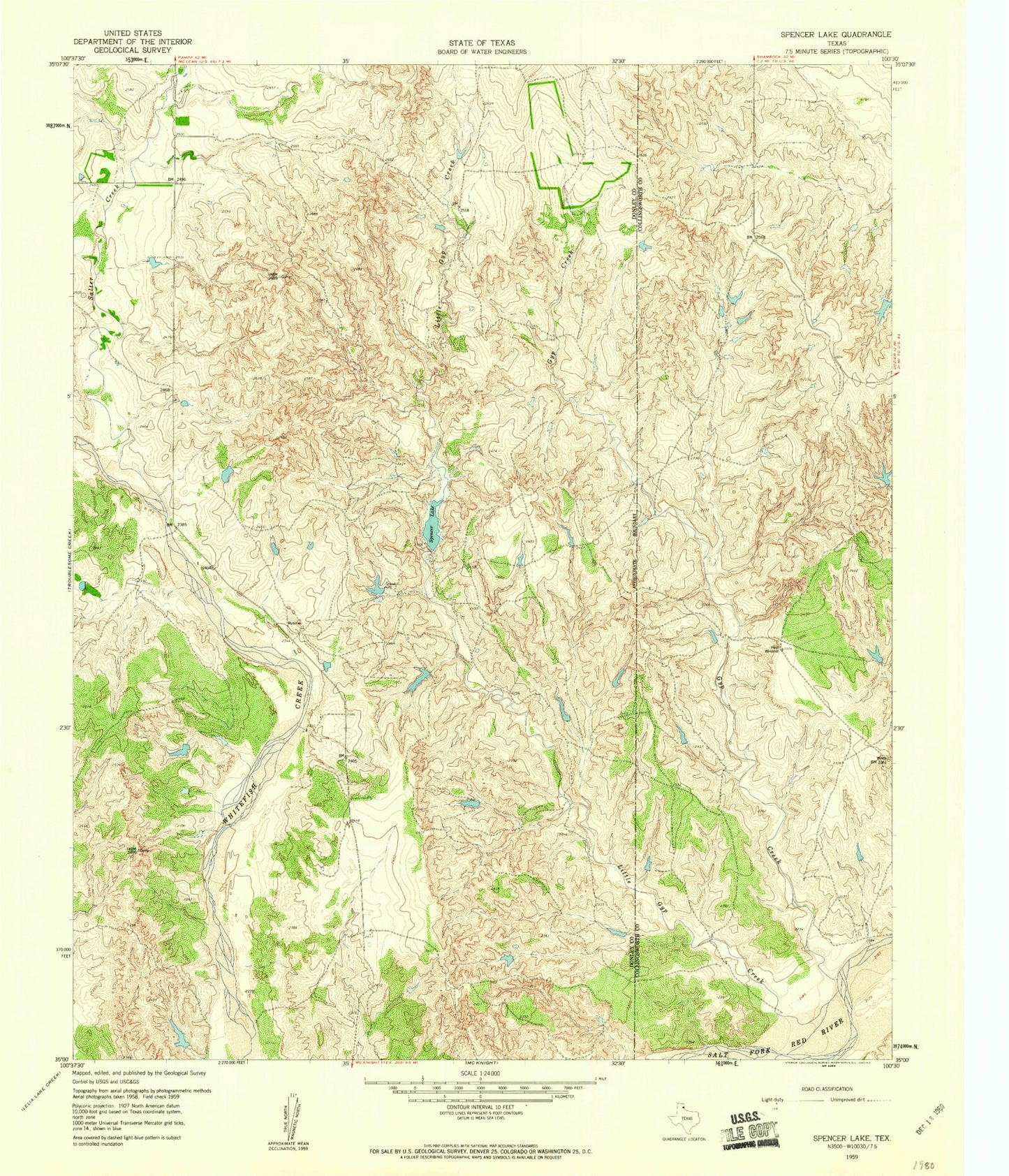 Classic USGS Spencer Lake Texas 7.5'x7.5' Topo Map Image