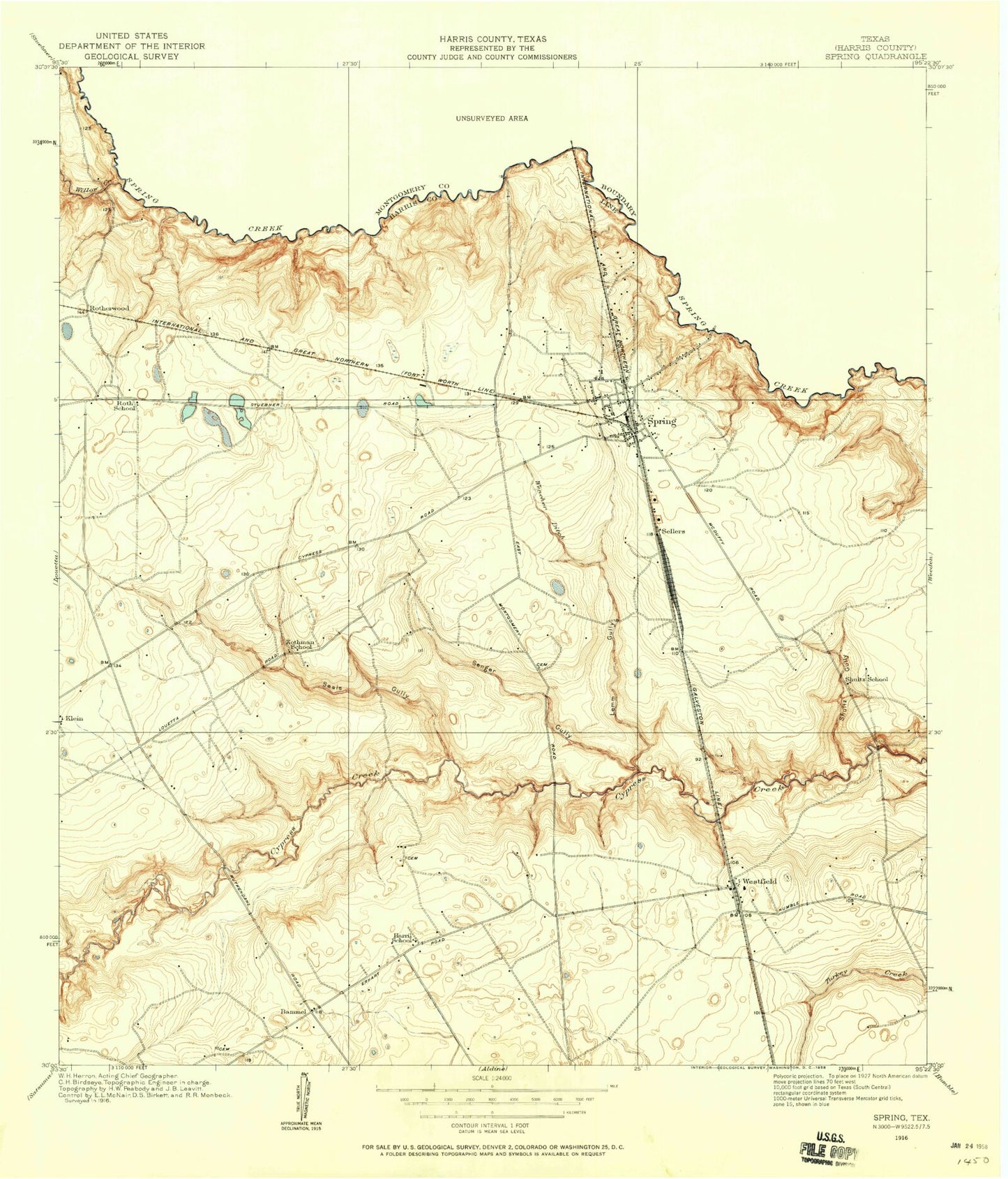 Classic USGS Spring Texas 7.5'x7.5' Topo Map Image