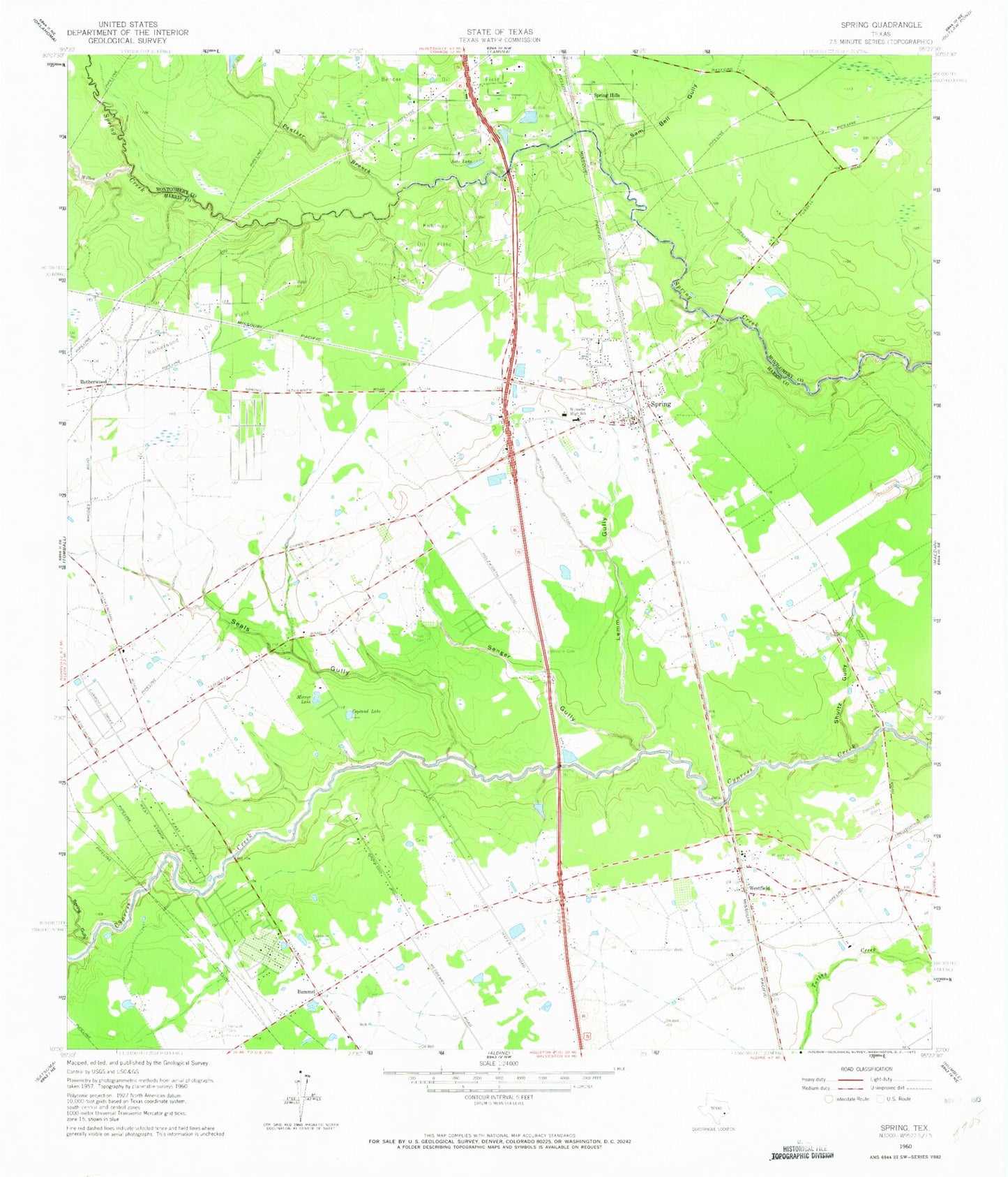 Classic USGS Spring Texas 7.5'x7.5' Topo Map Image