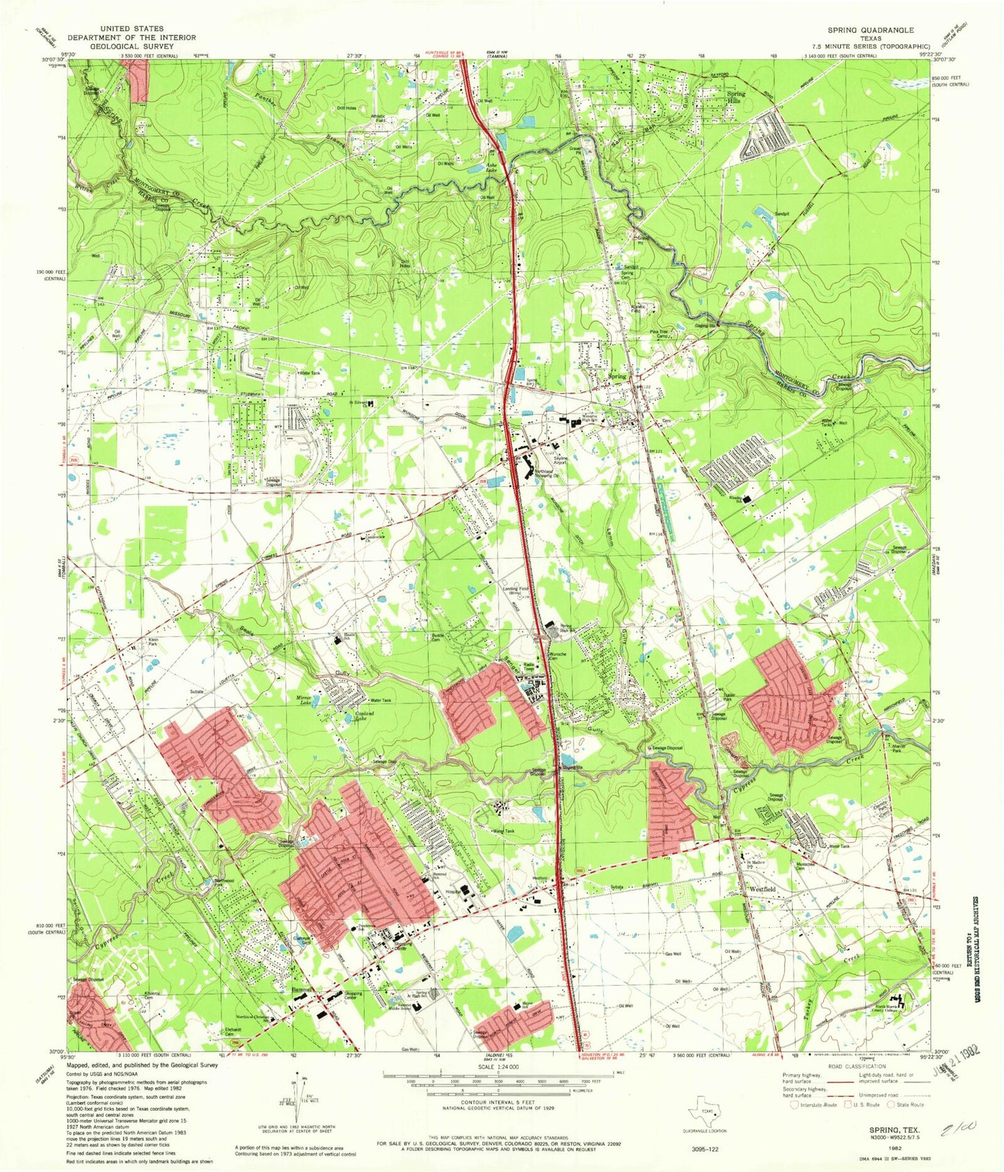 Classic USGS Spring Texas 7.5'x7.5' Topo Map Image