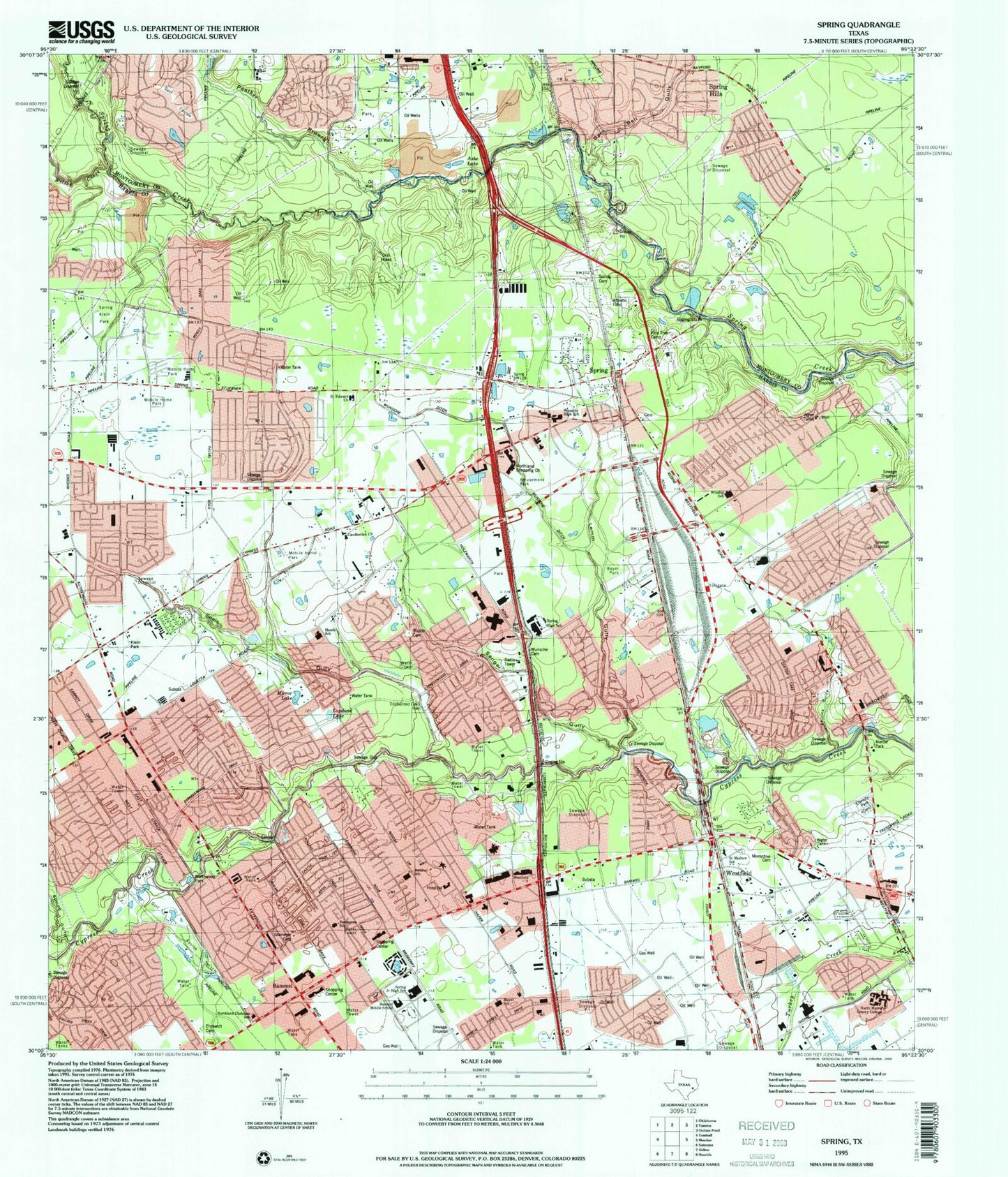 Classic USGS Spring Texas 7.5'x7.5' Topo Map Image