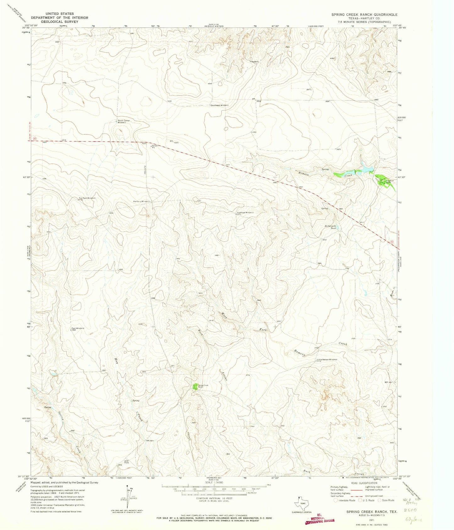 Classic USGS Spring Creek Ranch Texas 7.5'x7.5' Topo Map Image