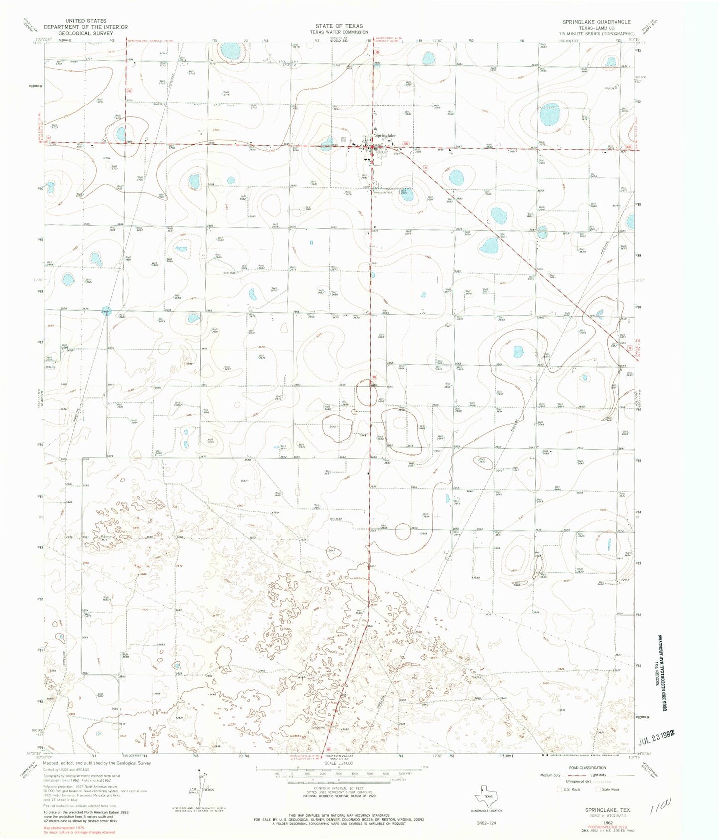 Classic USGS Springlake Texas 7.5'x7.5' Topo Map Image