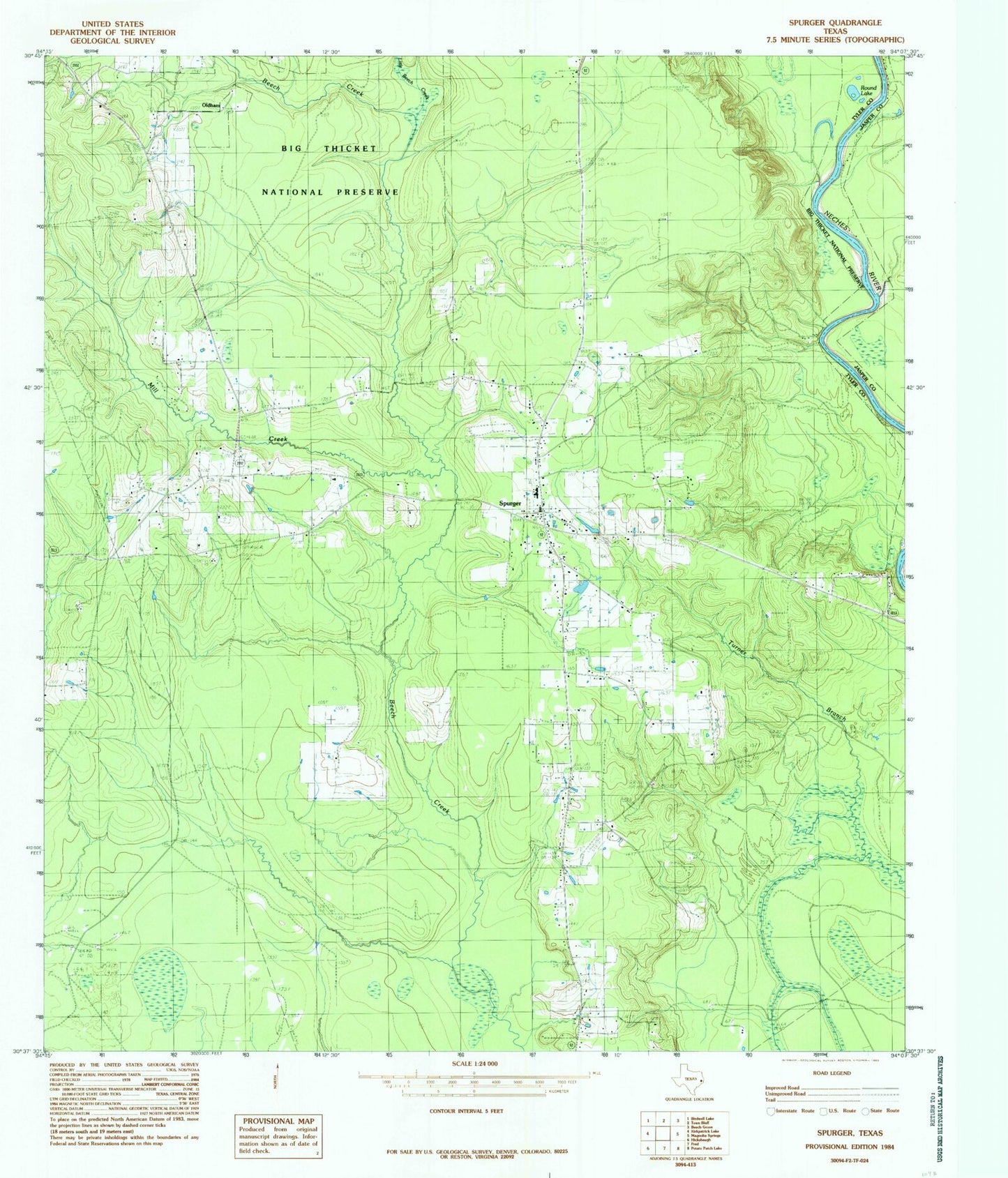 Classic USGS Spurger Texas 7.5'x7.5' Topo Map Image