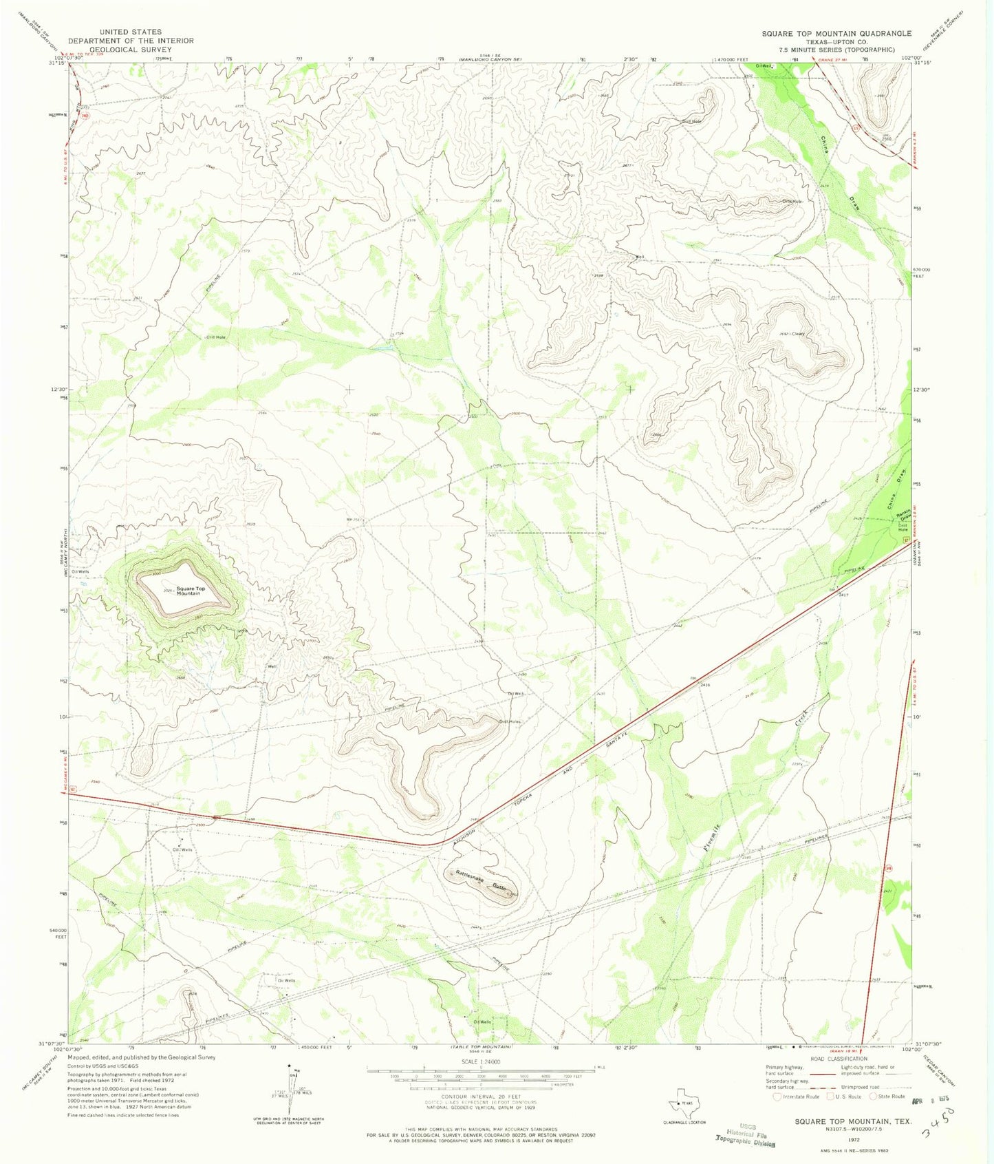 Classic USGS Square Top Mountain Texas 7.5'x7.5' Topo Map Image