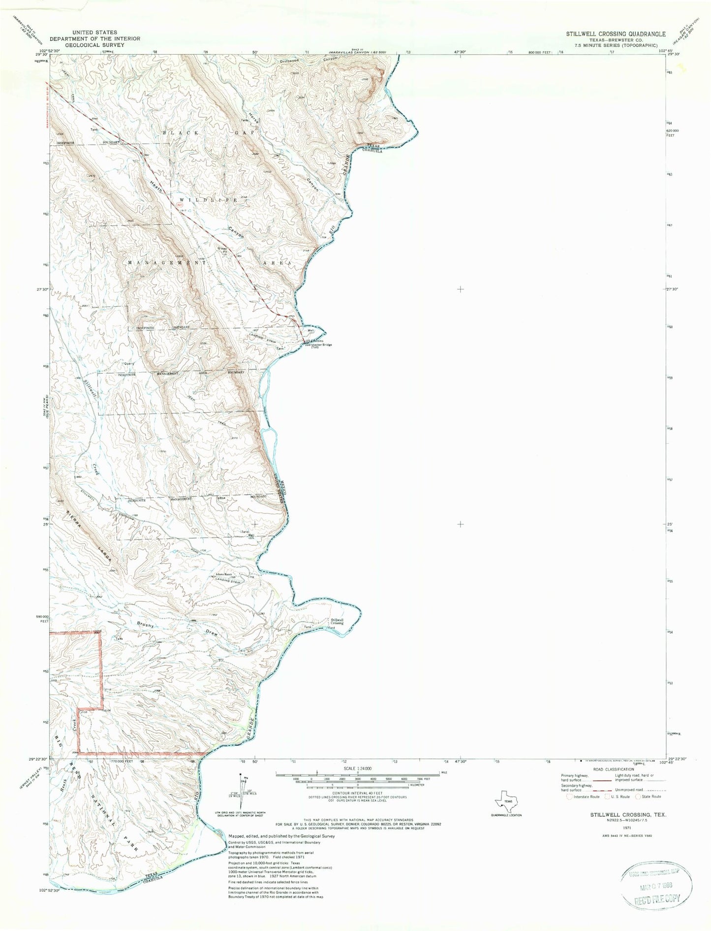 Classic USGS Stillwell Crossing Texas 7.5'x7.5' Topo Map Image