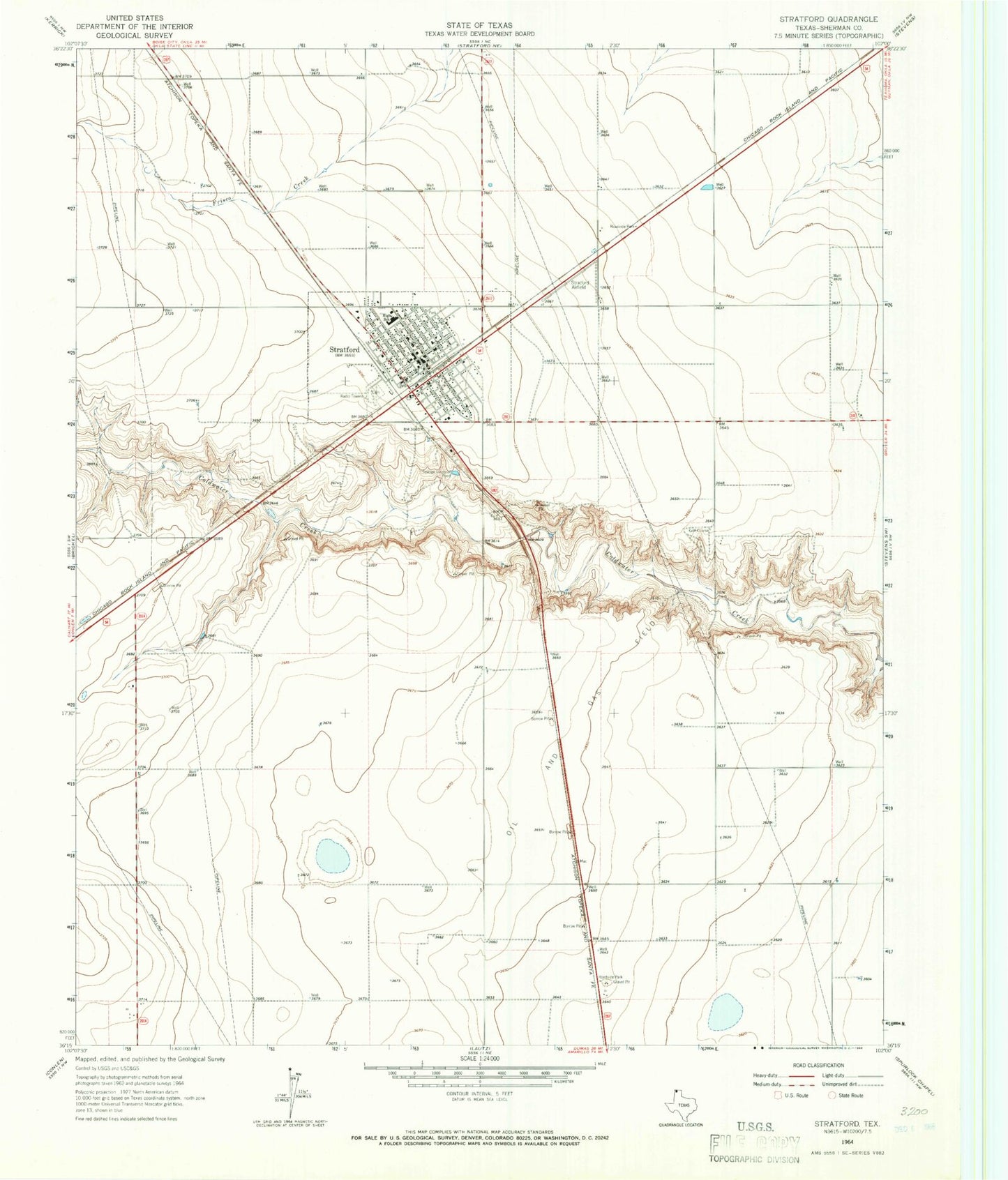 Classic USGS Stratford Texas 7.5'x7.5' Topo Map Image