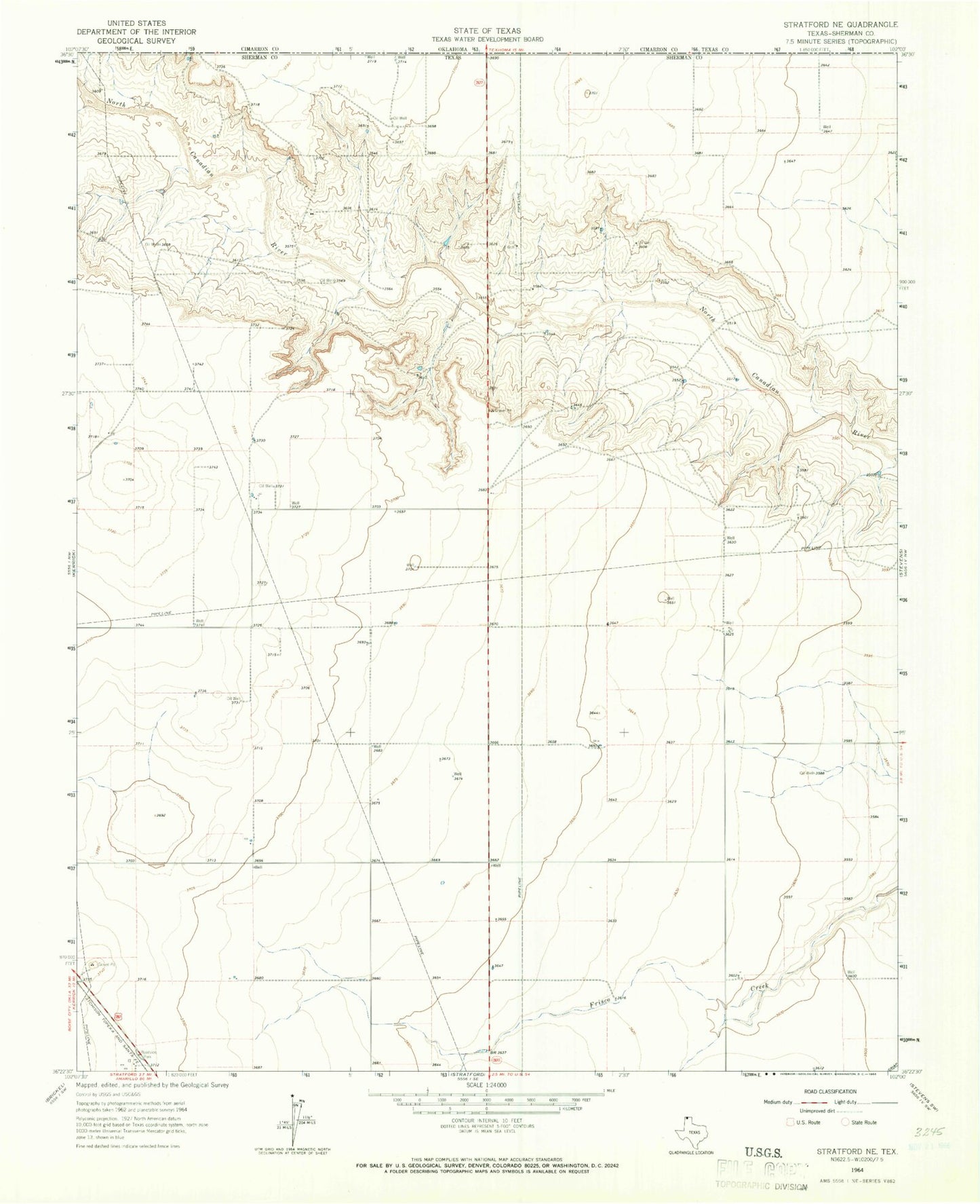 Classic USGS Stratford NE Texas 7.5'x7.5' Topo Map Image