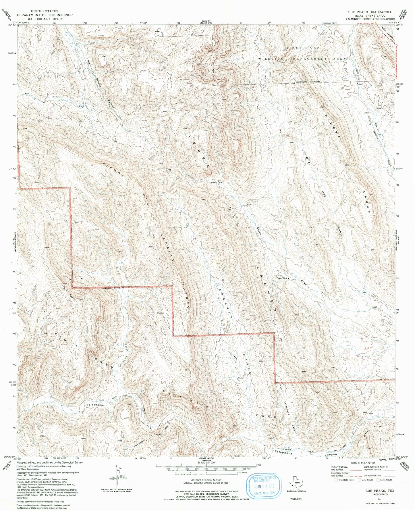 Classic USGS Sue Peaks Texas 7.5'x7.5' Topo Map Image