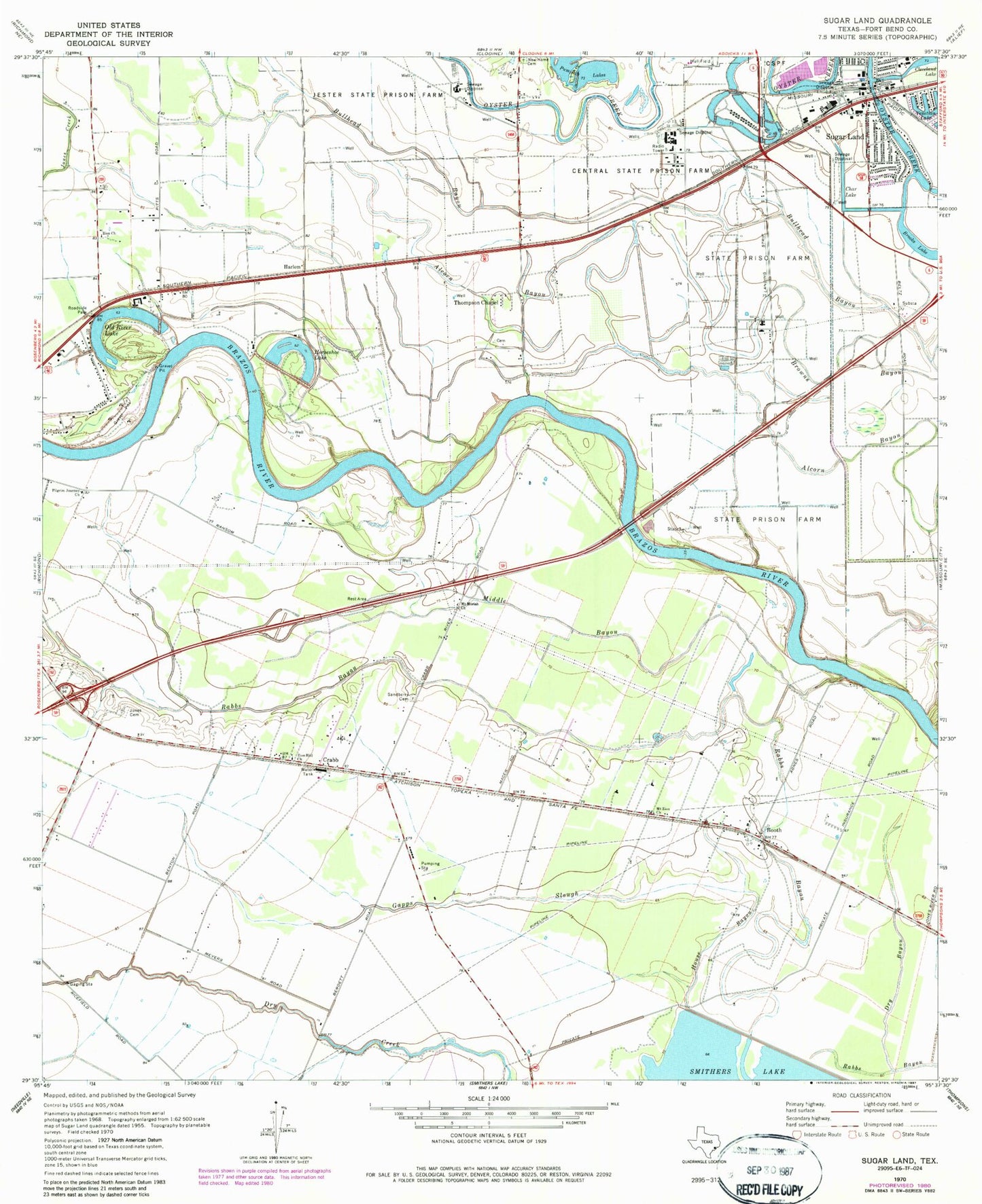Classic USGS Sugar Land Texas 7.5'x7.5' Topo Map Image