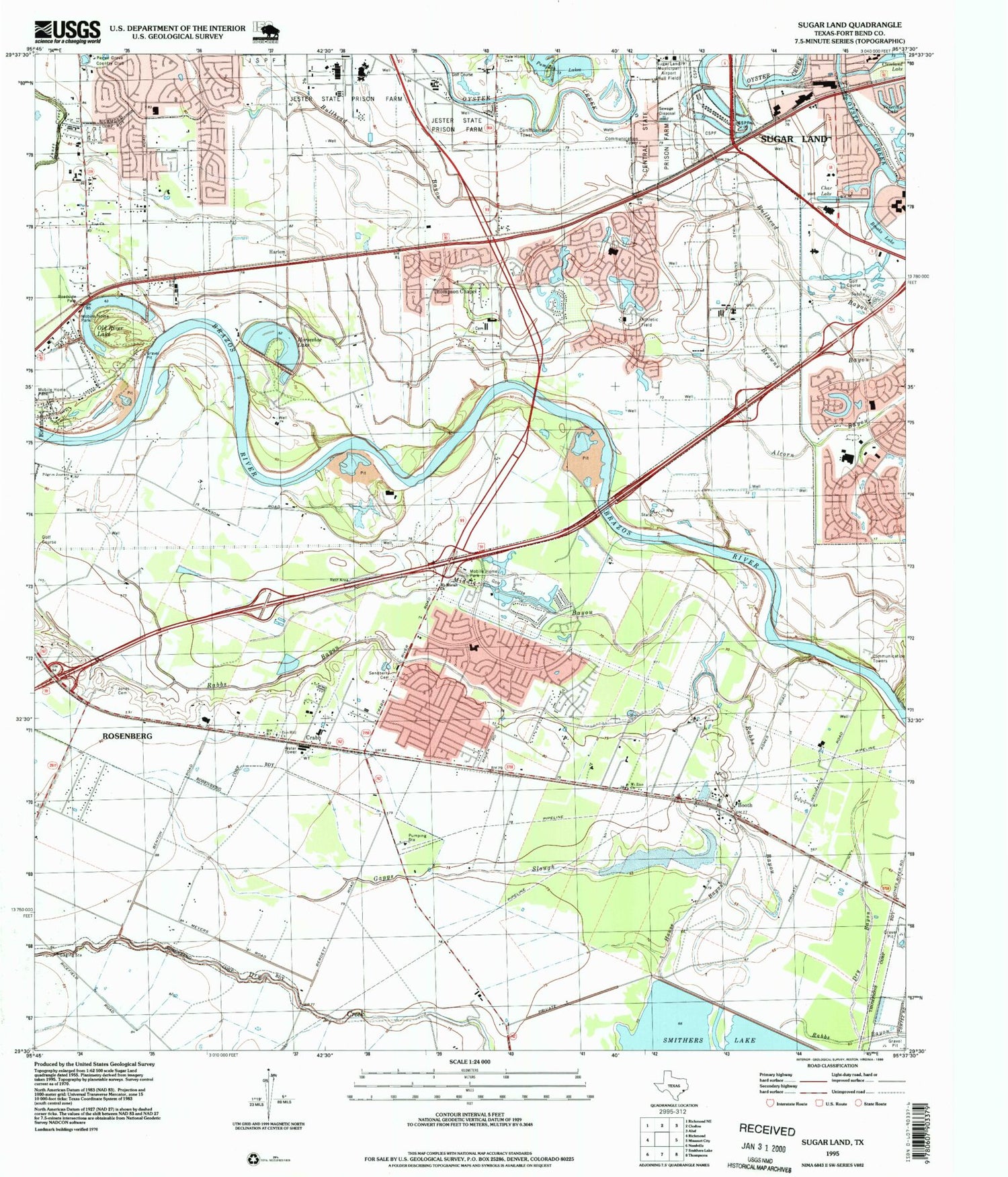 Classic USGS Sugar Land Texas 7.5'x7.5' Topo Map Image