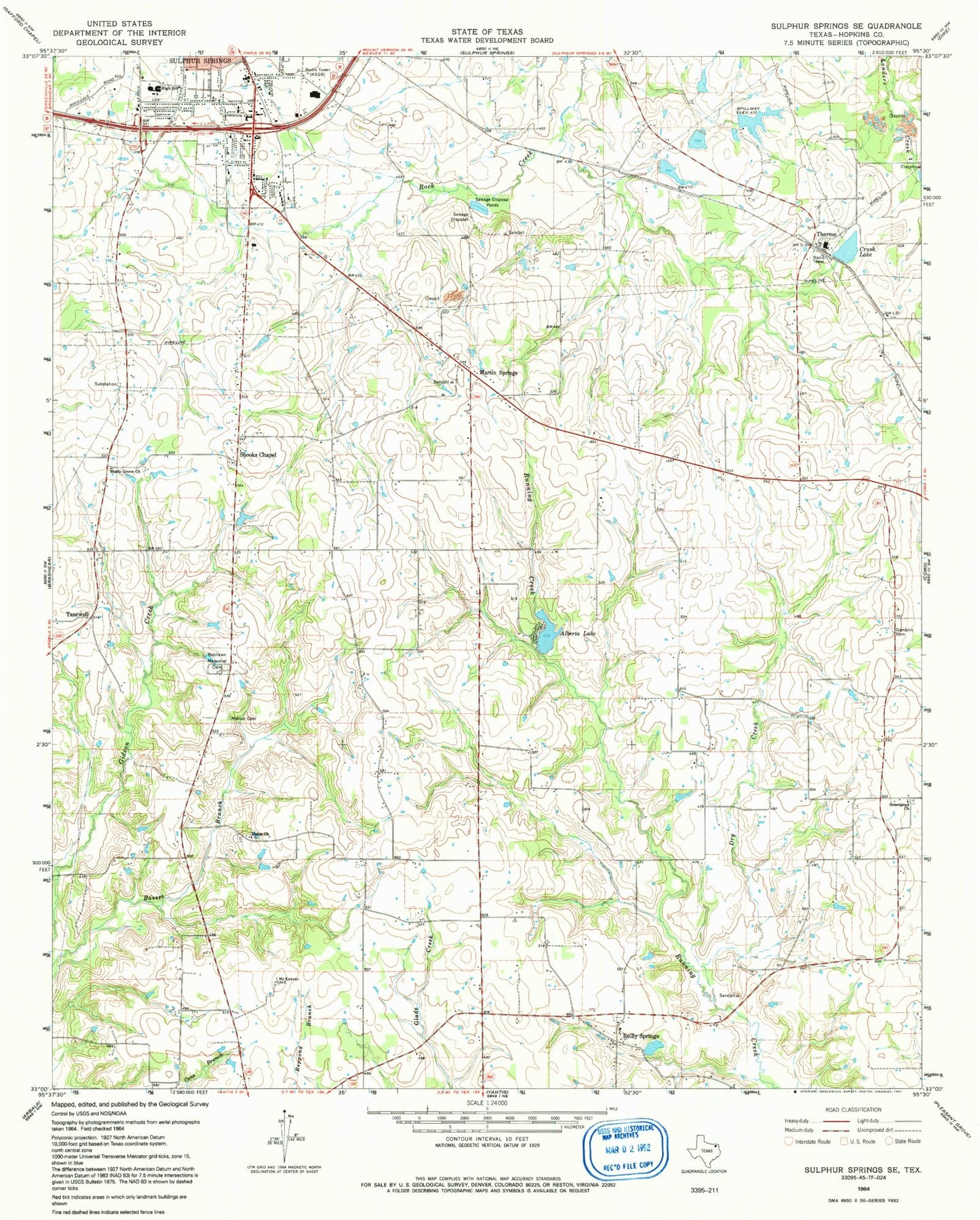 Classic USGS Sulphur Springs SE Texas 7.5'x7.5' Topo Map Image