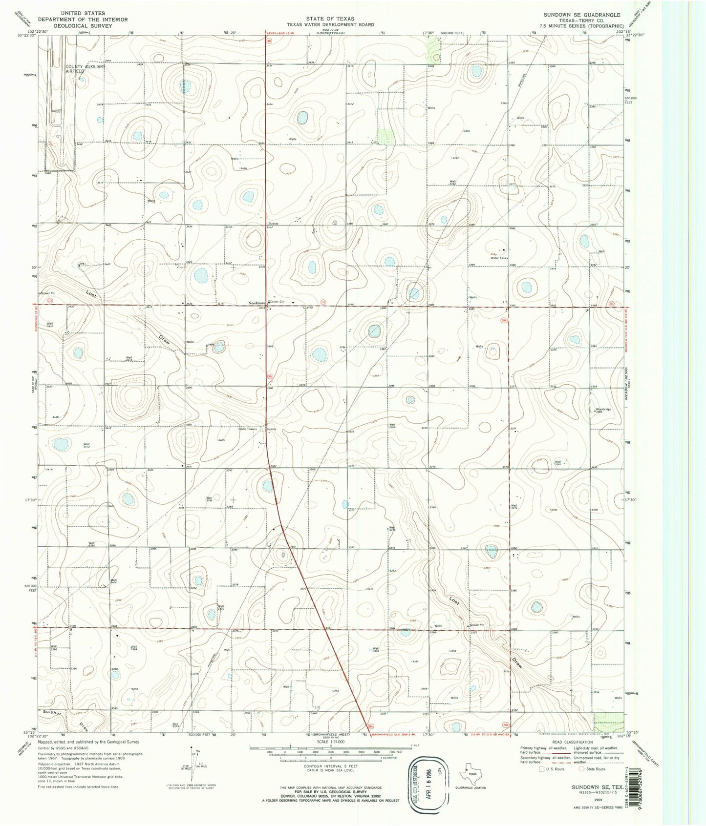 Classic USGS Sundown SE Texas 7.5'x7.5' Topo Map Image