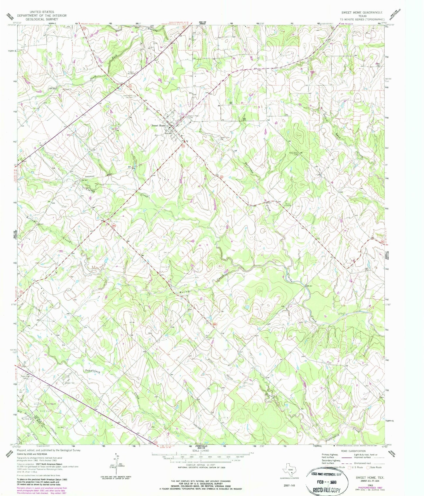 Classic USGS Sweet Home Texas 7.5'x7.5' Topo Map Image