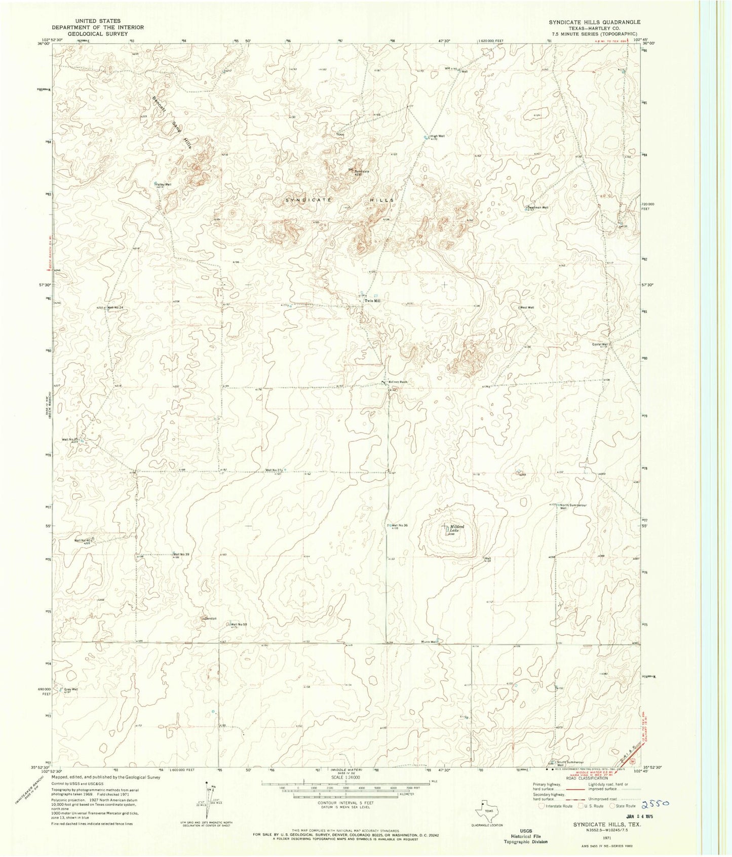 Classic USGS Syndicate Hills Texas 7.5'x7.5' Topo Map Image