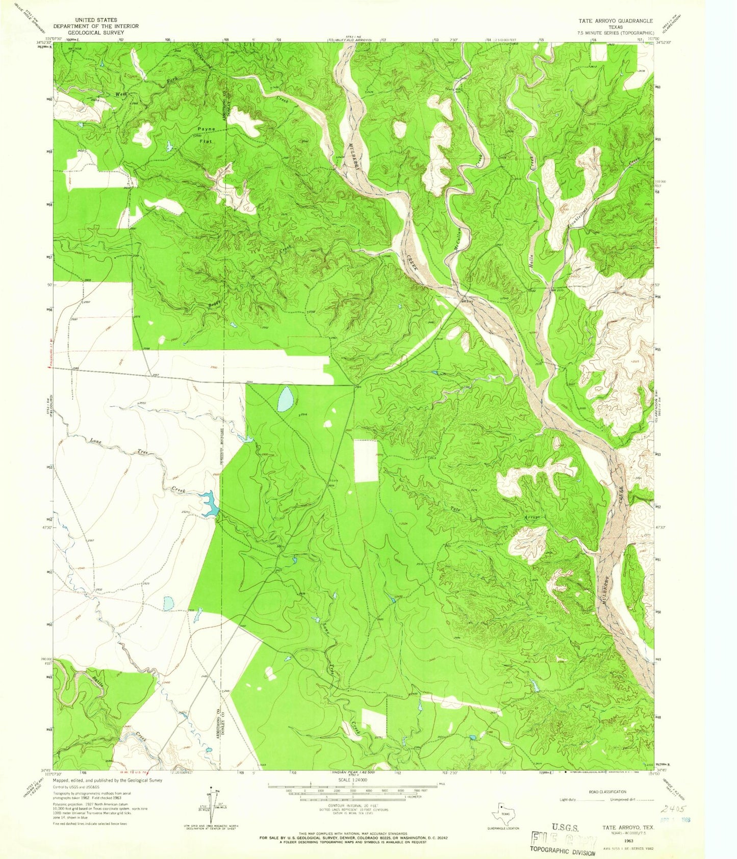 Classic USGS Tate Arroyo Texas 7.5'x7.5' Topo Map Image