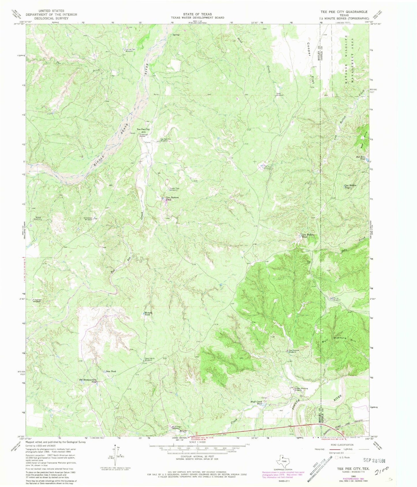 Classic USGS Tee Pee City Texas 7.5'x7.5' Topo Map Image