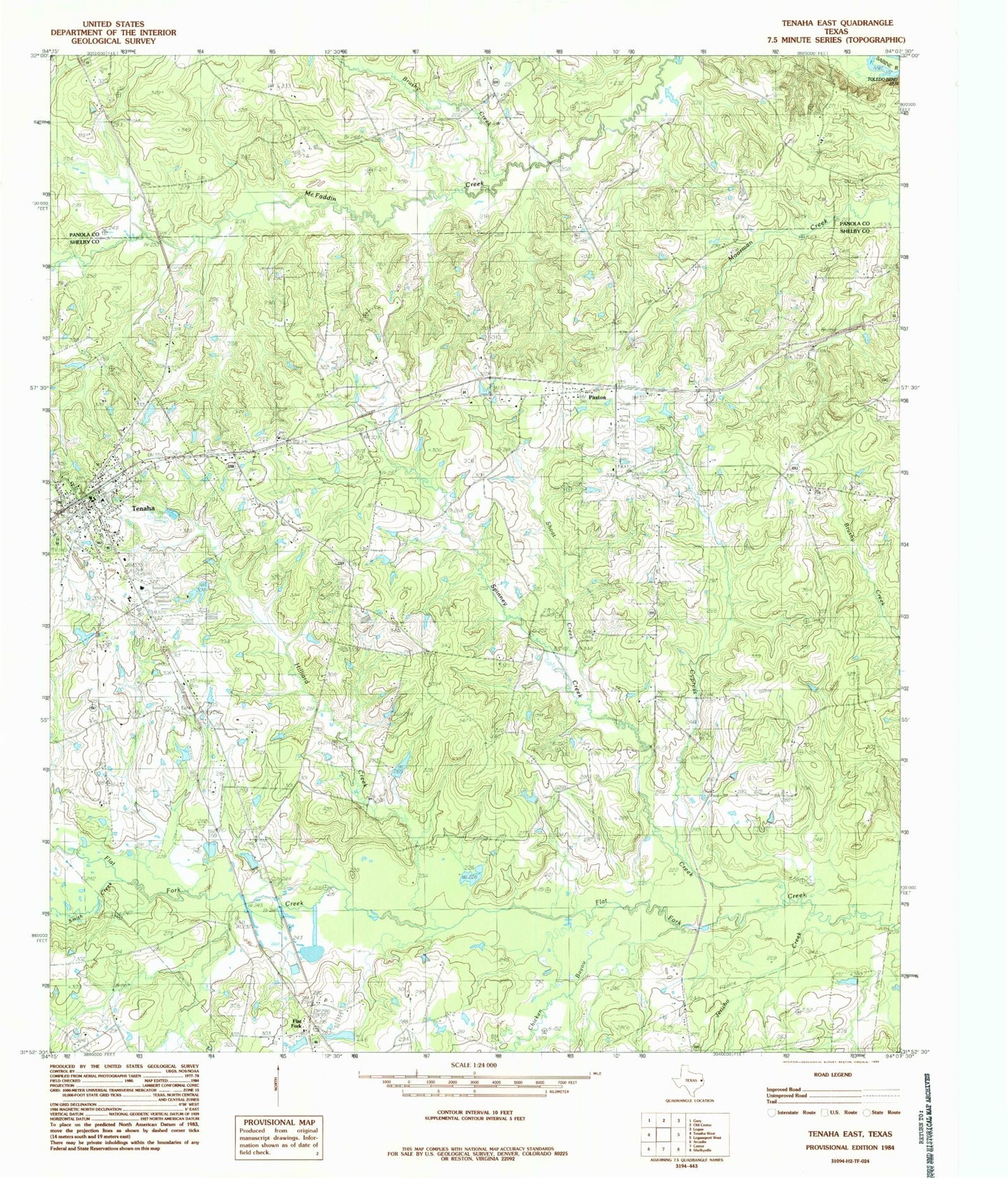 Classic USGS Tenaha East Texas 7.5'x7.5' Topo Map Image