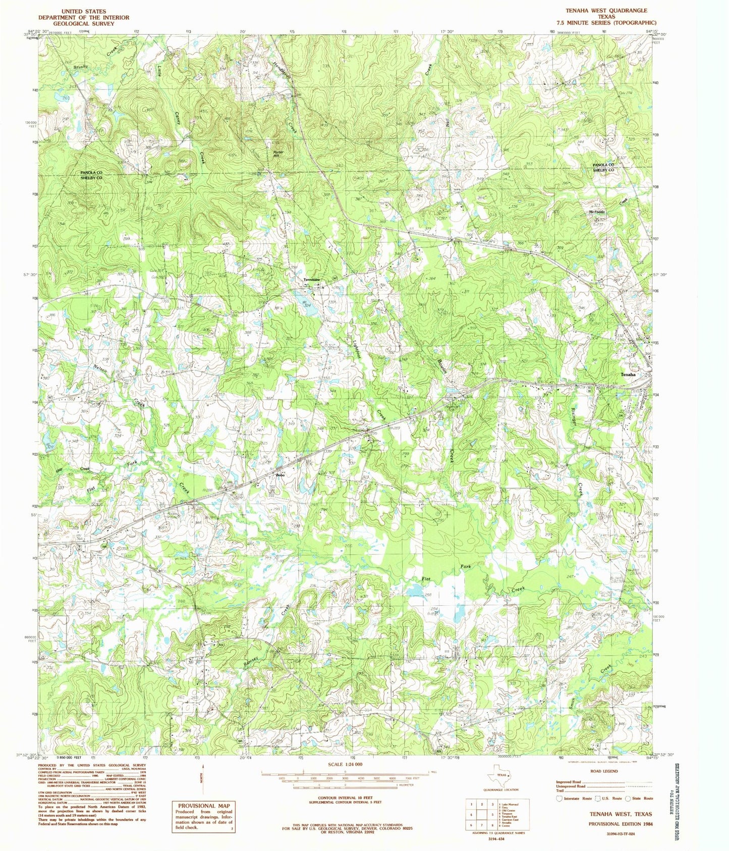 Classic USGS Tenaha West Texas 7.5'x7.5' Topo Map Image