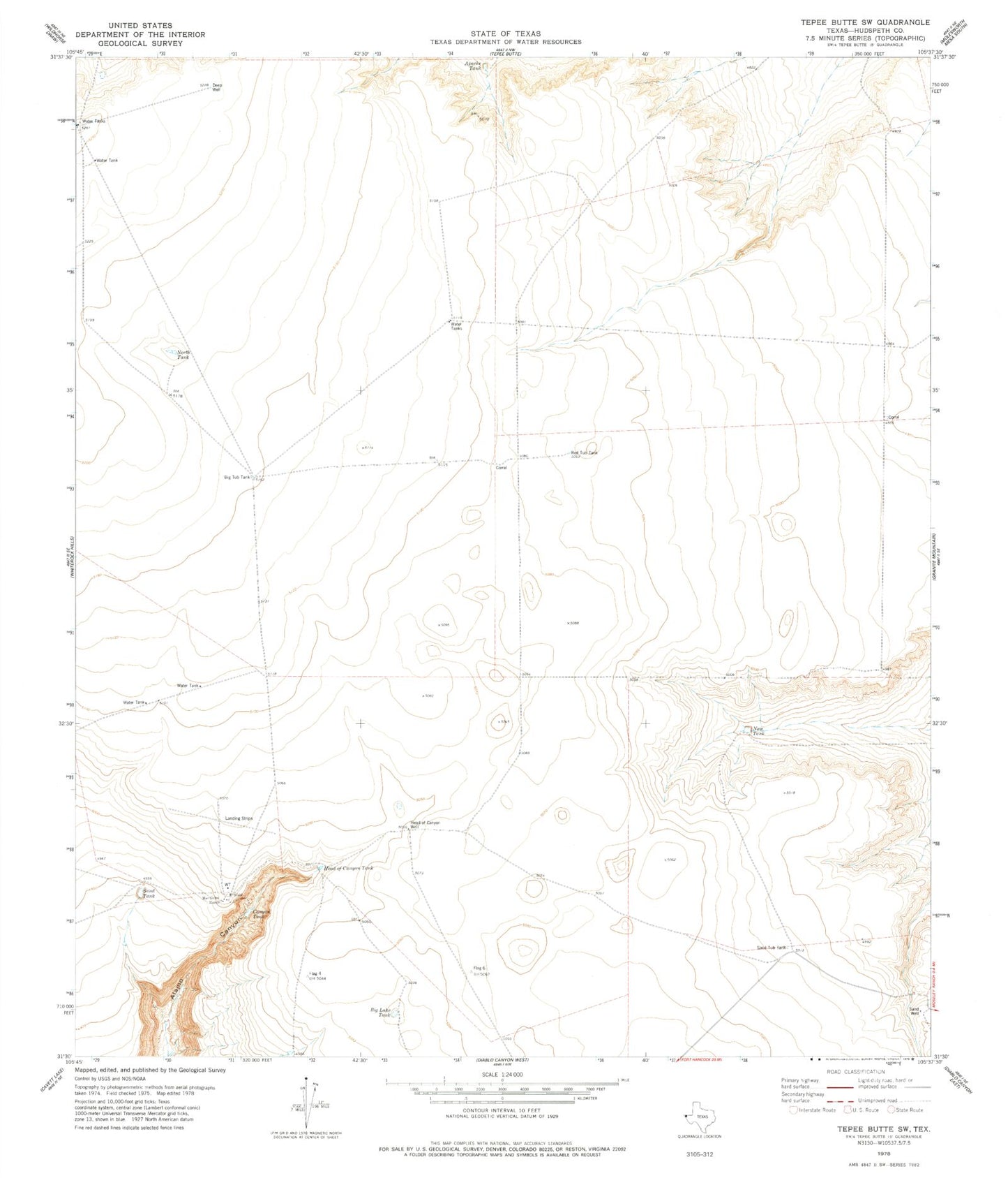 Classic USGS Tepee Butte SW Texas 7.5'x7.5' Topo Map Image