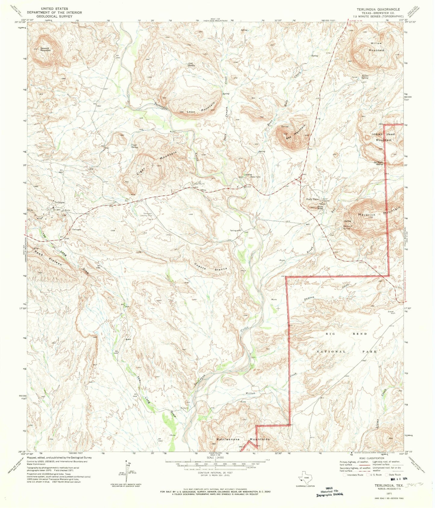 Classic USGS Terlingua Texas 7.5'x7.5' Topo Map Image