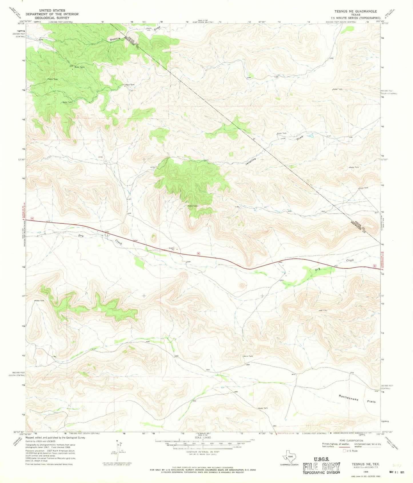 Classic USGS Tesnus NE Texas 7.5'x7.5' Topo Map Image