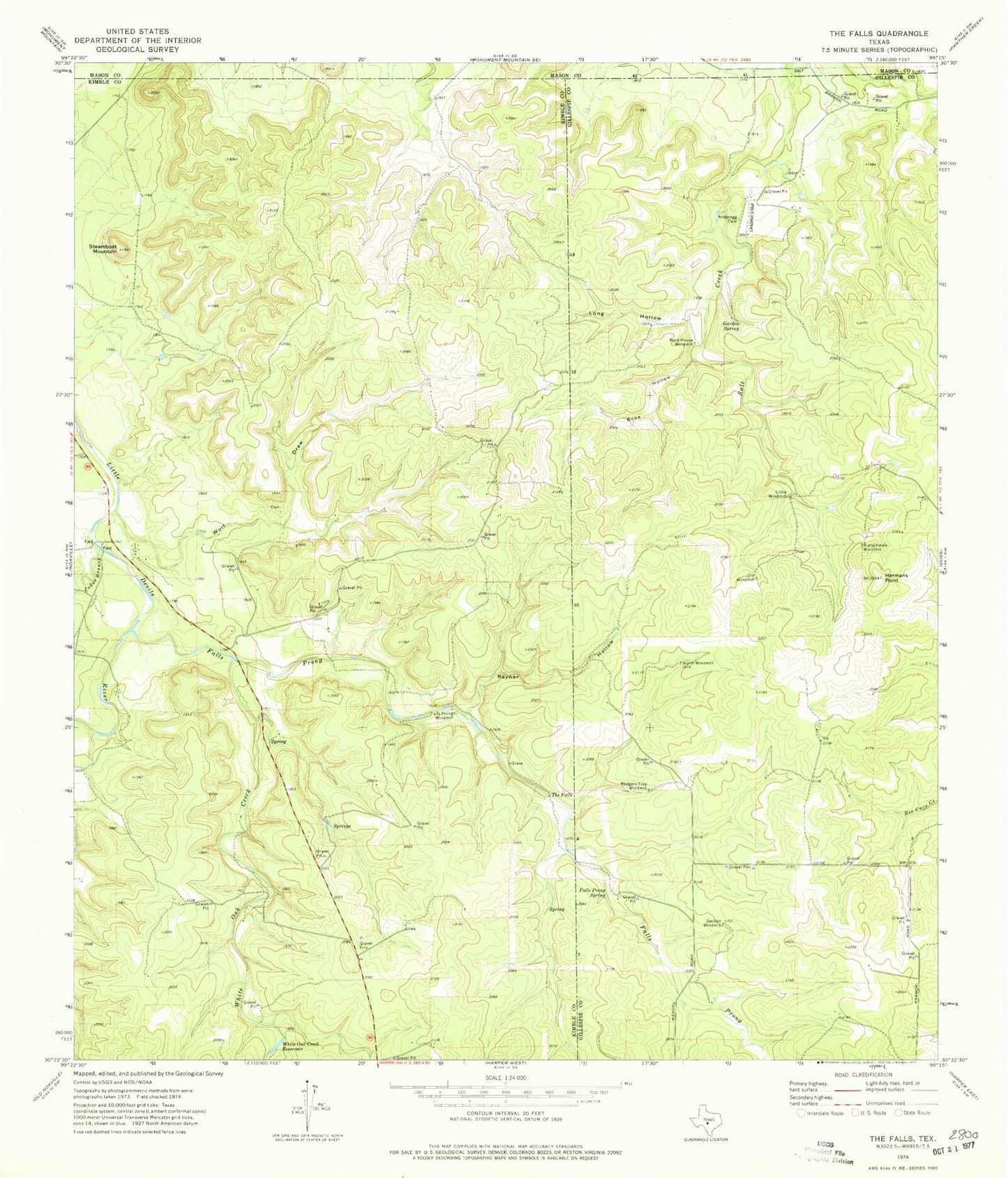 Classic USGS The Falls Texas 7.5'x7.5' Topo Map Image