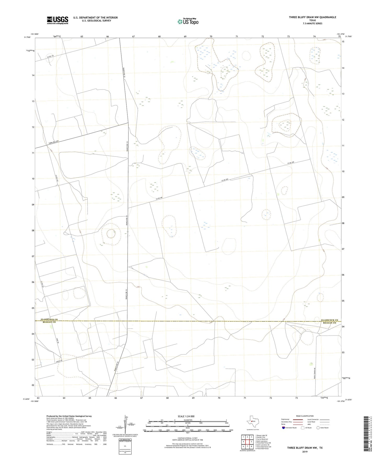 Three Bluff Draw NW Texas US Topo Map Image