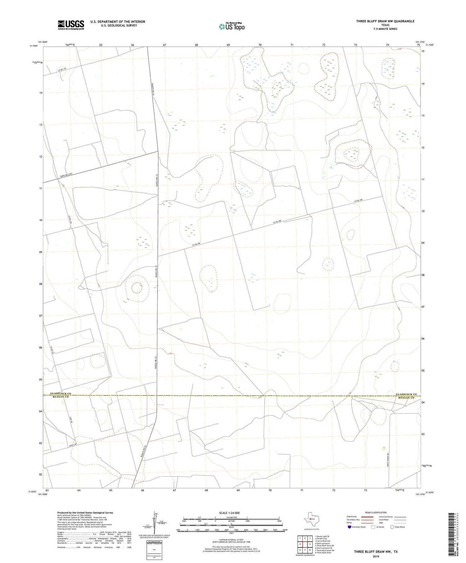 Three Bluff Draw NW Texas US Topo Map Image