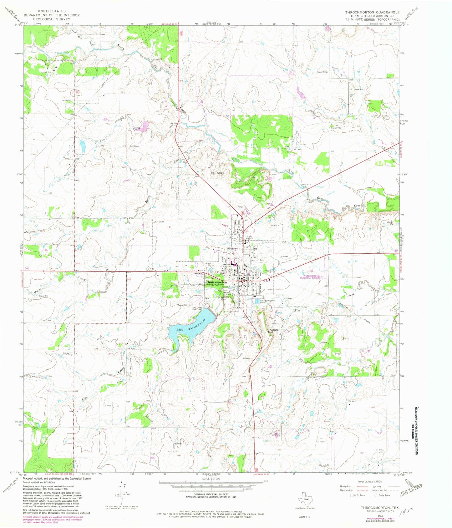Classic USGS Throckmorton Texas 7.5'x7.5' Topo Map Image