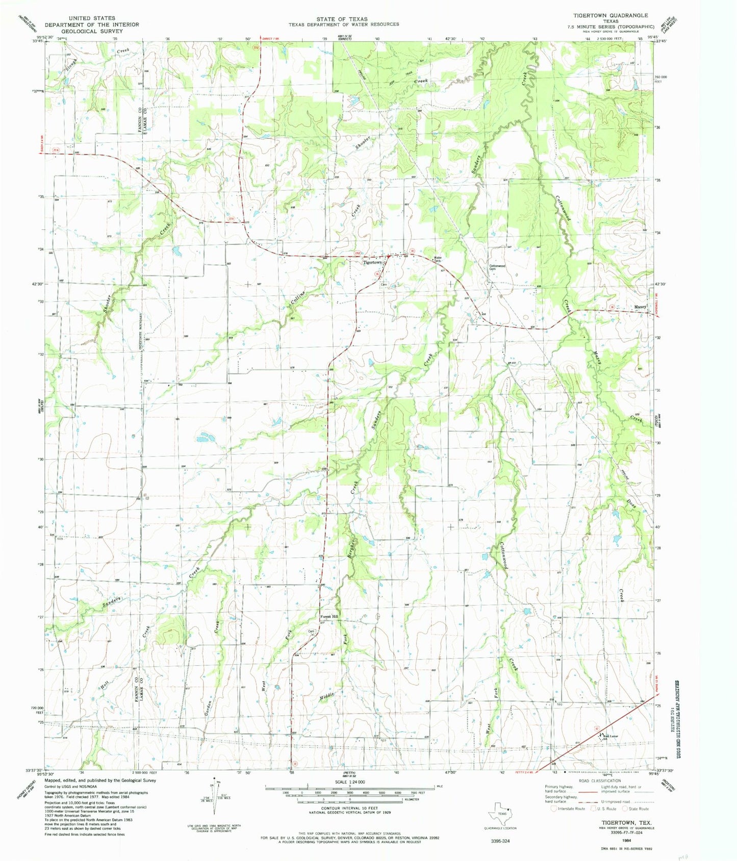 Classic USGS Tigertown Texas 7.5'x7.5' Topo Map Image