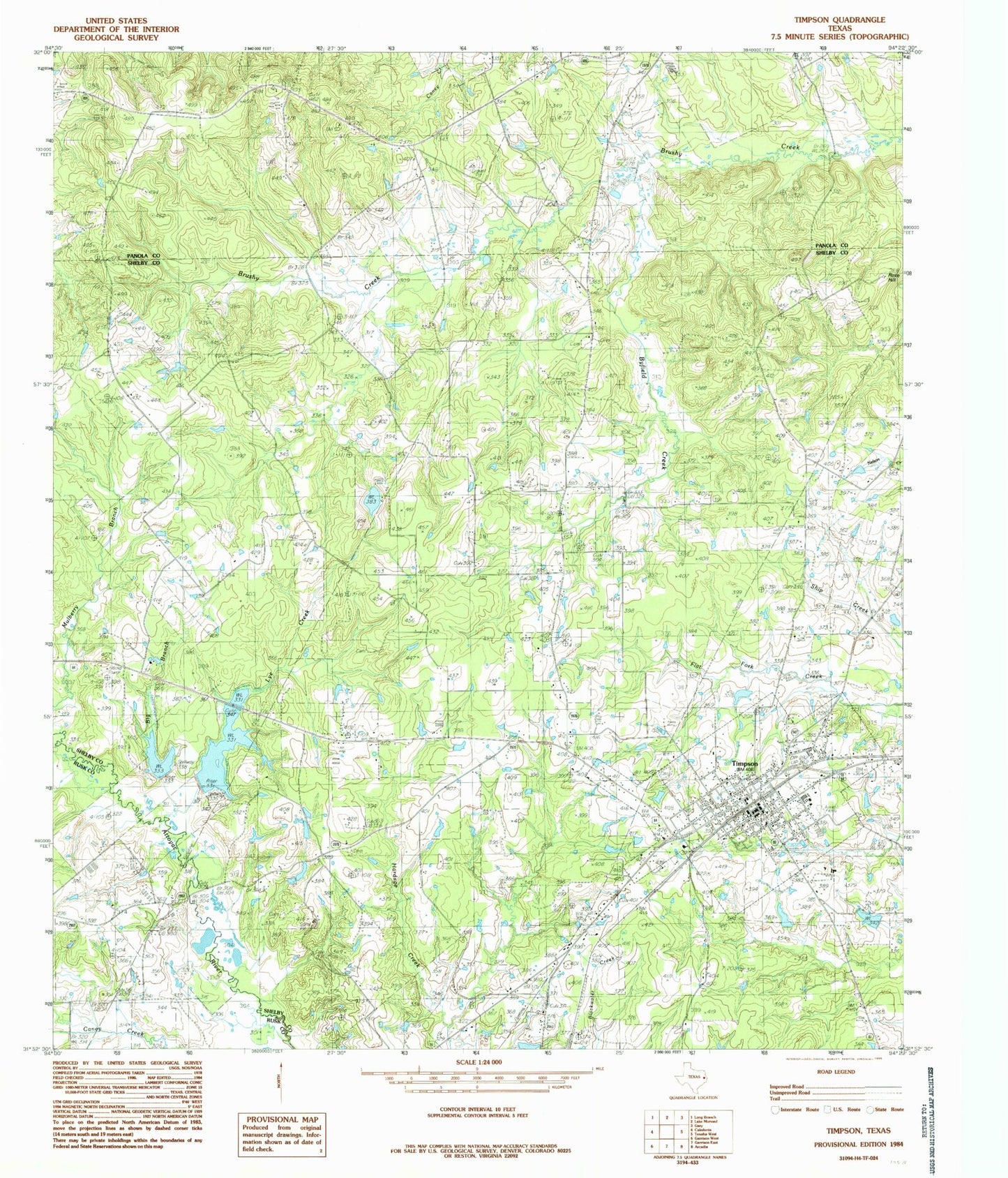 Classic USGS Timpson Texas 7.5'x7.5' Topo Map Image