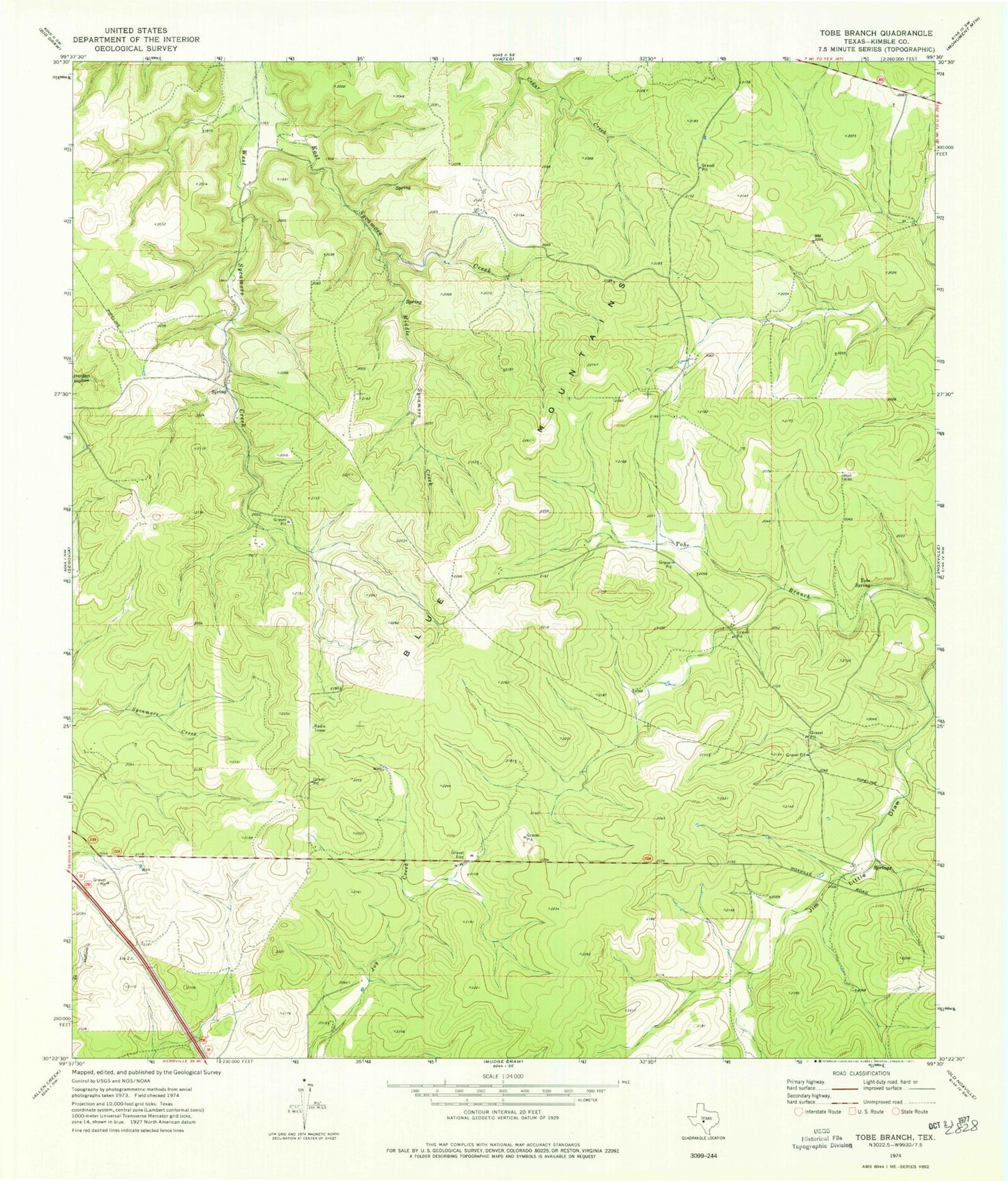 Classic USGS Tobe Branch Texas 7.5'x7.5' Topo Map Image