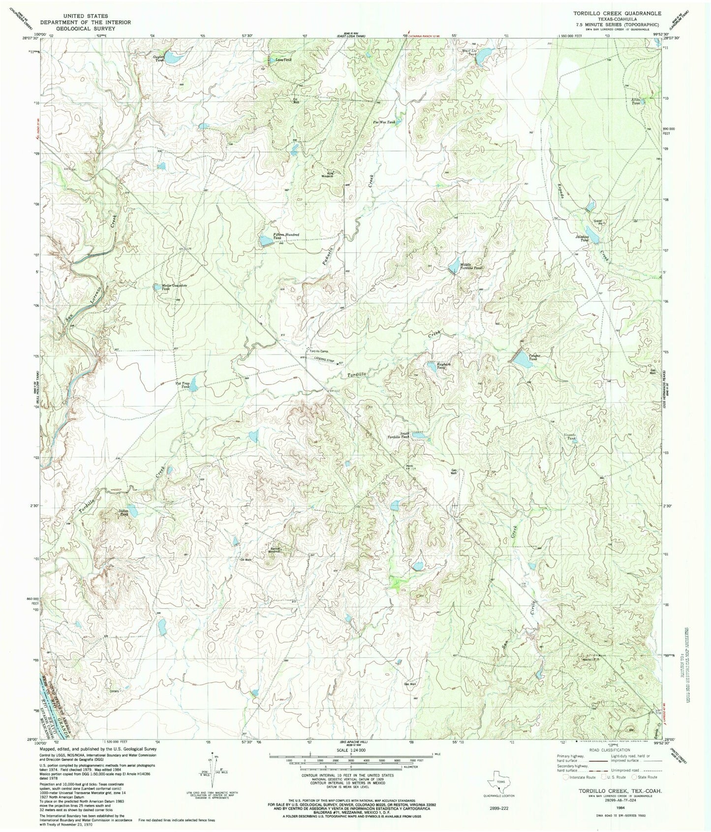 Classic USGS Tordillo Creek Texas 7.5'x7.5' Topo Map Image