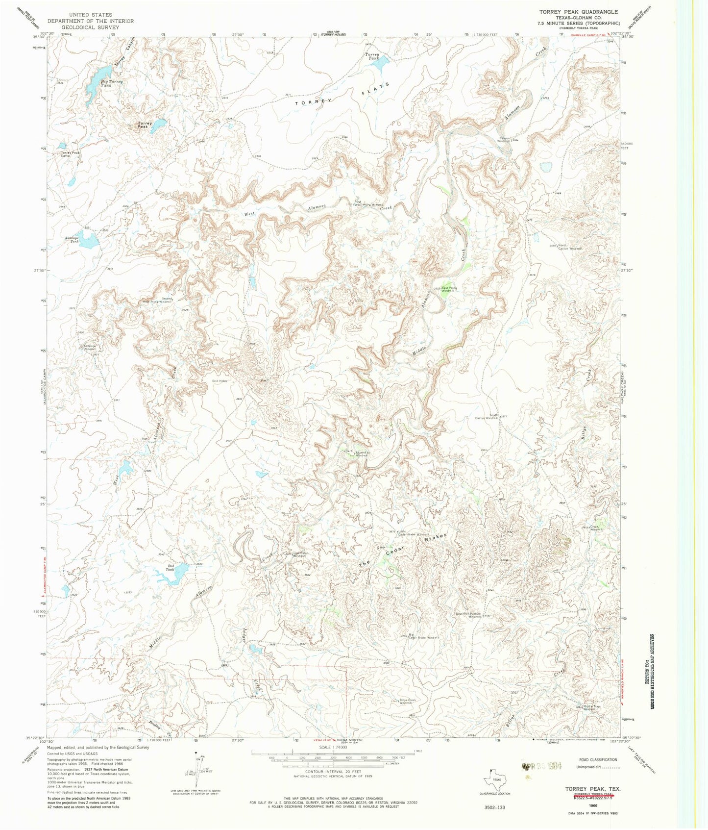 Classic USGS Torrey Peak Texas 7.5'x7.5' Topo Map Image