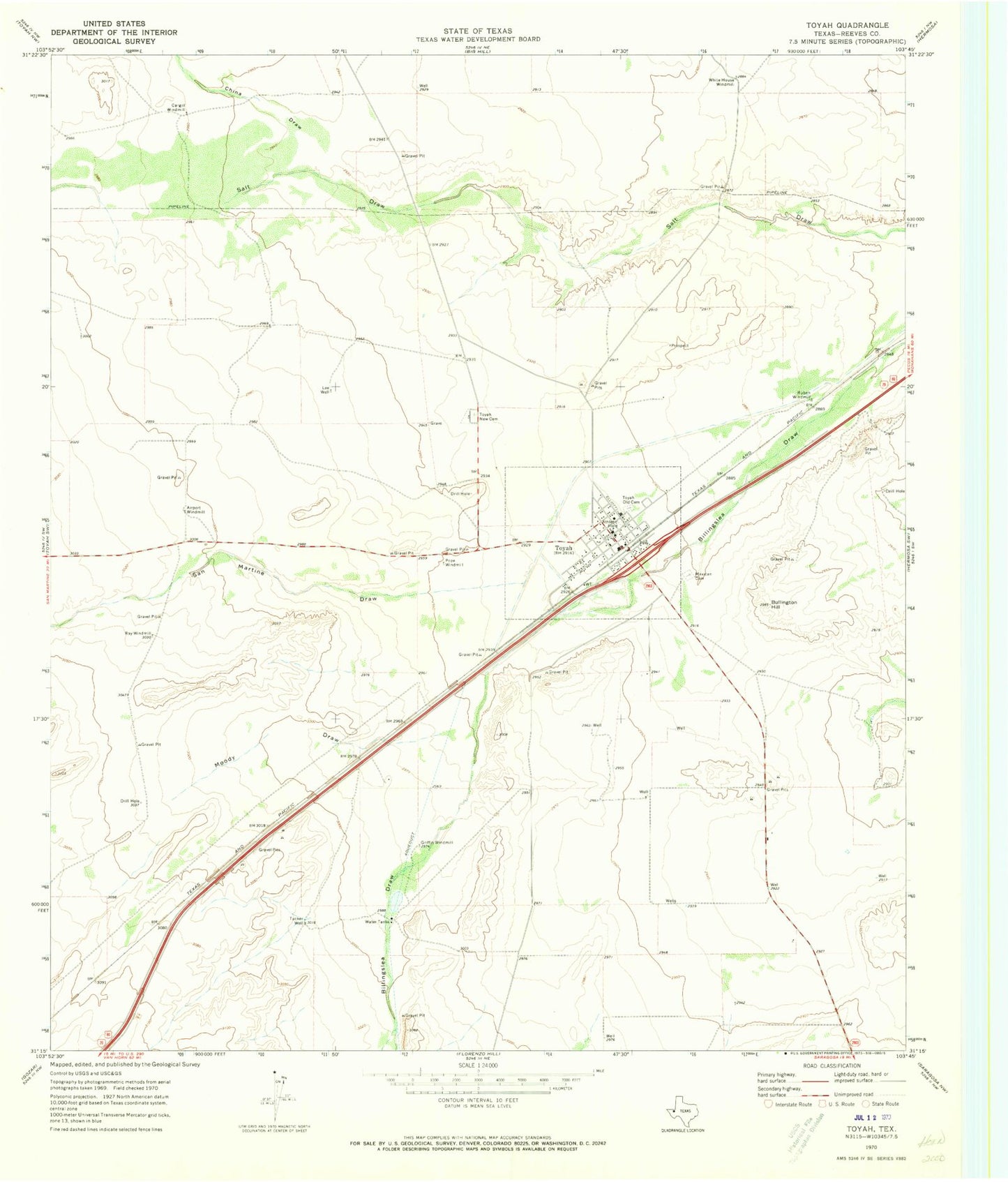 Classic USGS Toyah Texas 7.5'x7.5' Topo Map Image