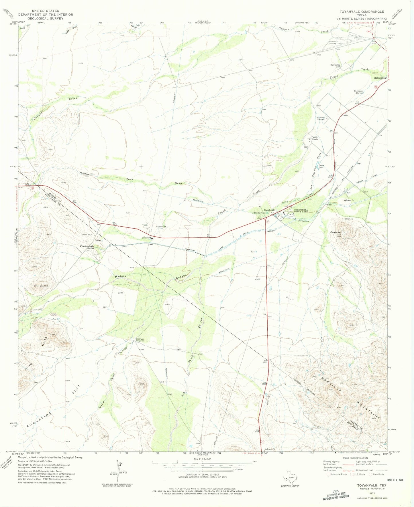 Classic USGS Toyahvale Texas 7.5'x7.5' Topo Map Image
