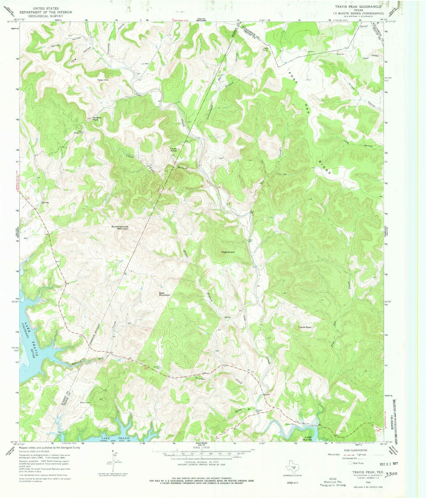 Classic USGS Travis Peak Texas 7.5'x7.5' Topo Map Image