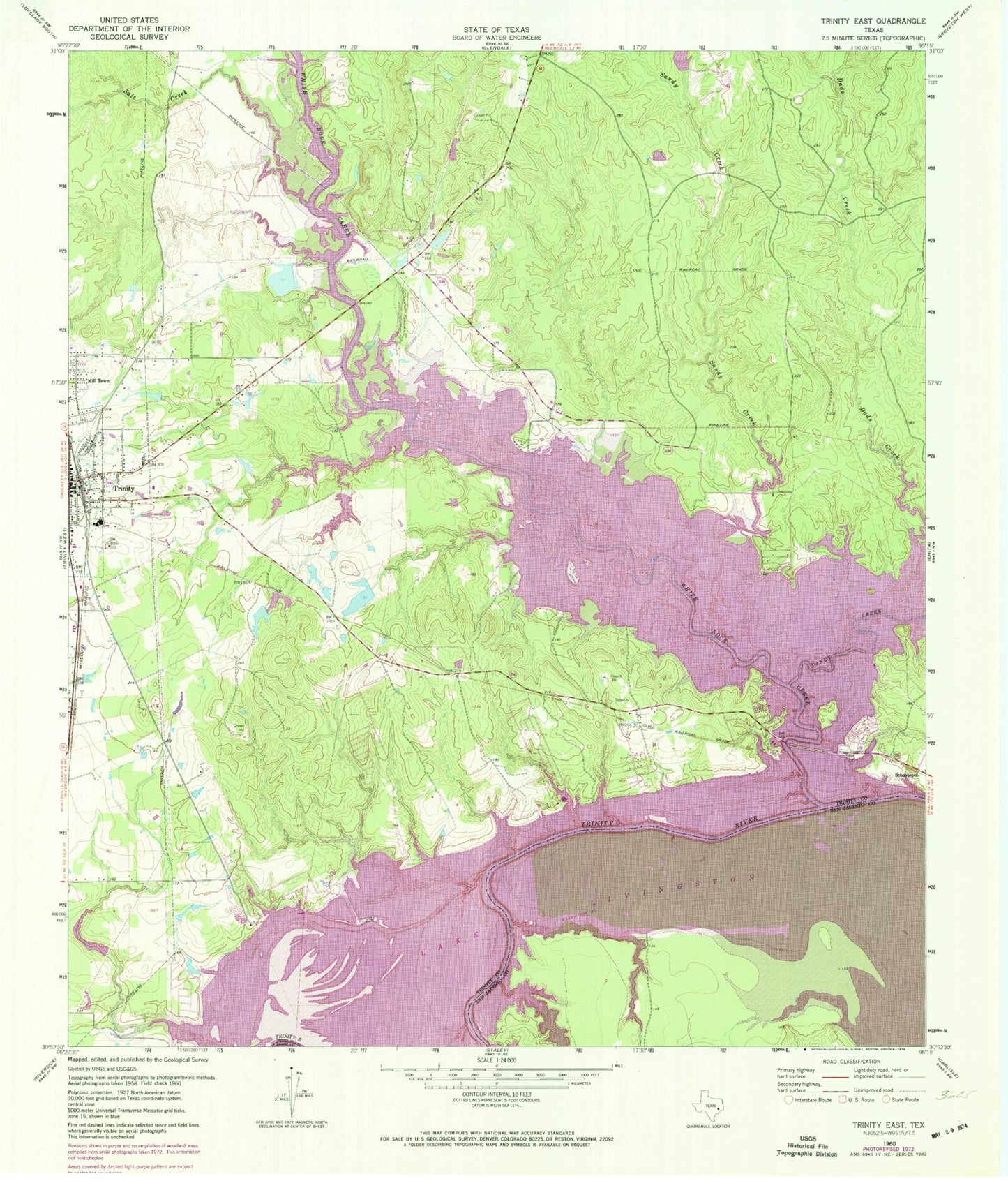 Classic USGS Trinity East Texas 7.5'x7.5' Topo Map Image