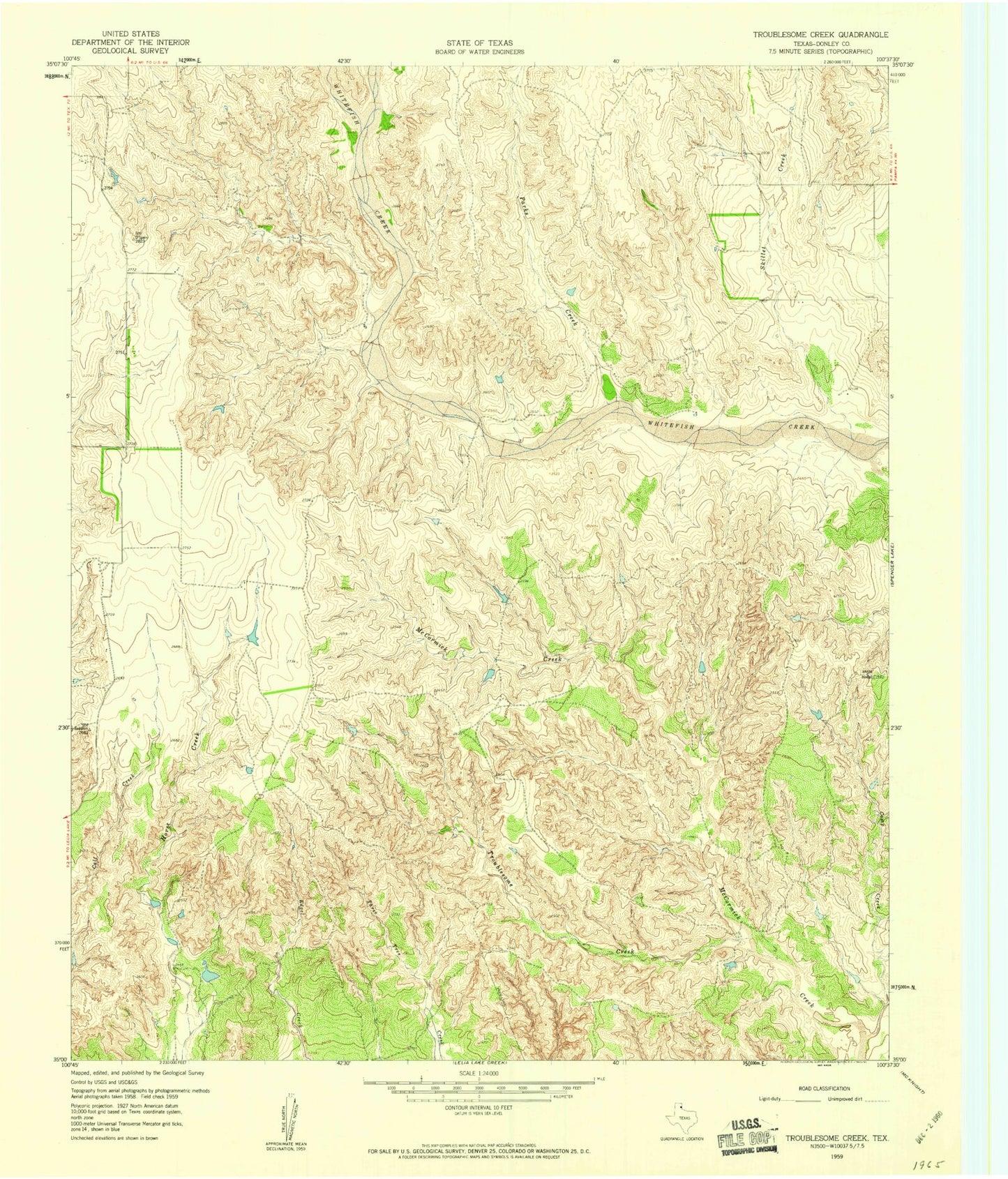 Classic USGS Troublesome Creek Texas 7.5'x7.5' Topo Map Image
